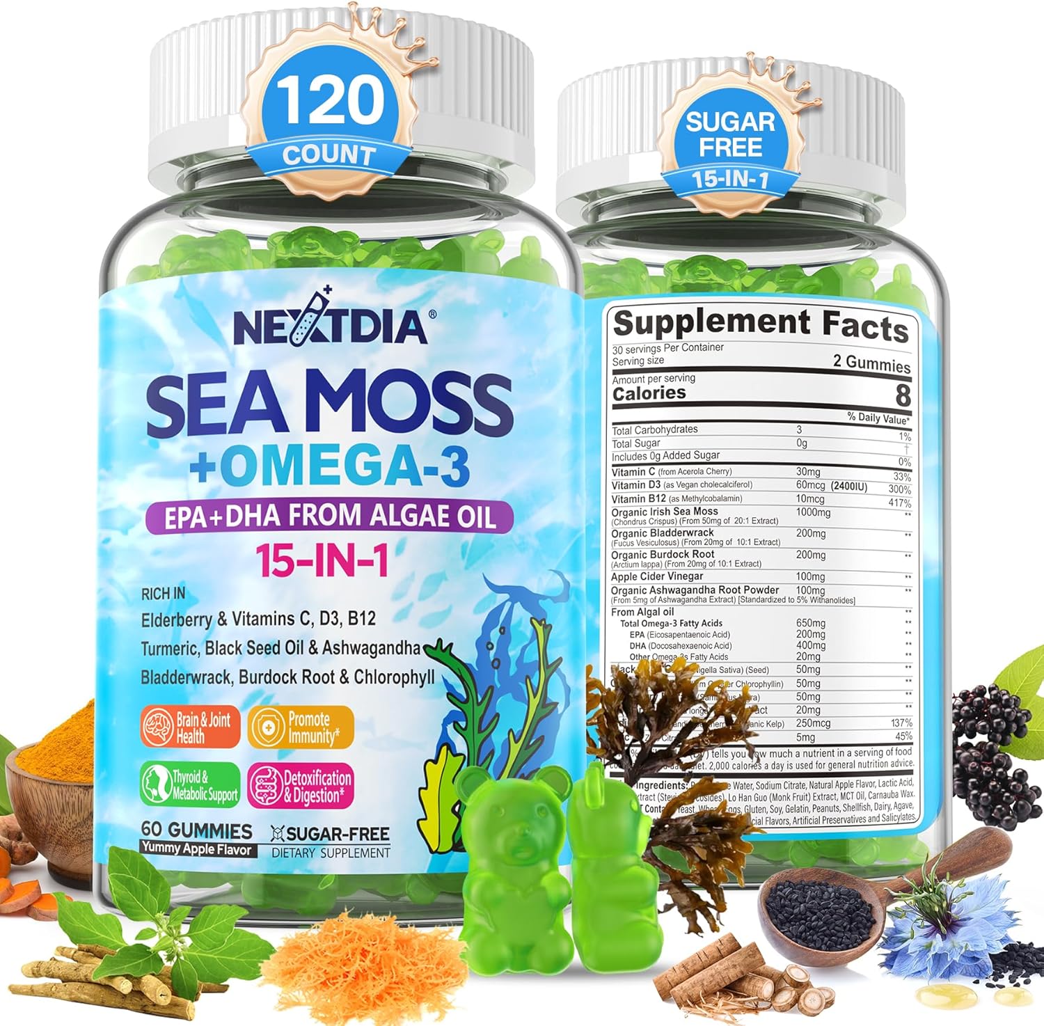 Vegan Sea Moss Gummies with Omega-3, Ashwagandha, Turmeric, Elderberry, Vitamins D3/B12, and More for Immunity and Energy Support - 120 Count