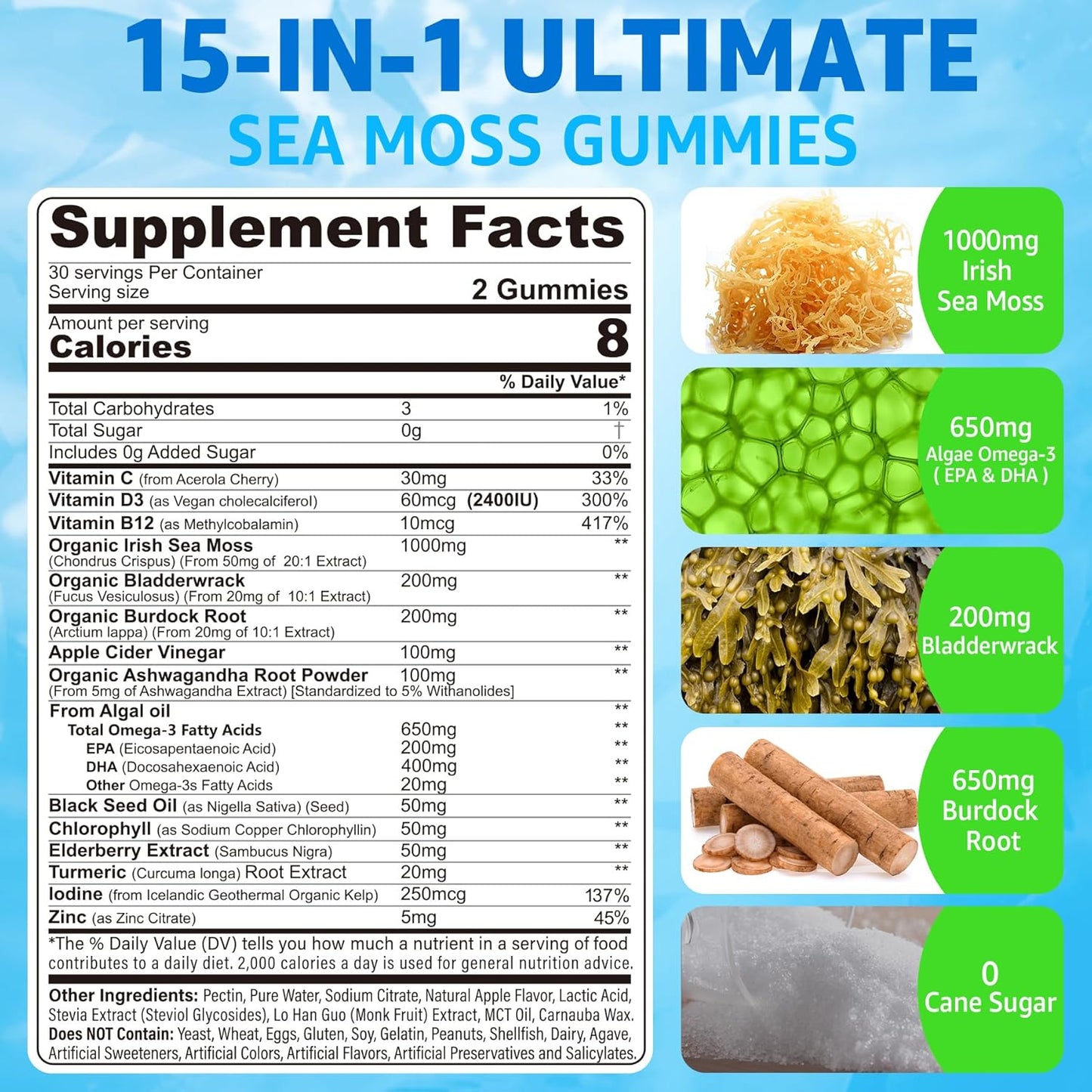 Vegan Sea Moss Gummies with Omega-3, Ashwagandha, Turmeric, Elderberry, Vitamins D3/B12, and More for Immunity and Energy Support - 120 Count