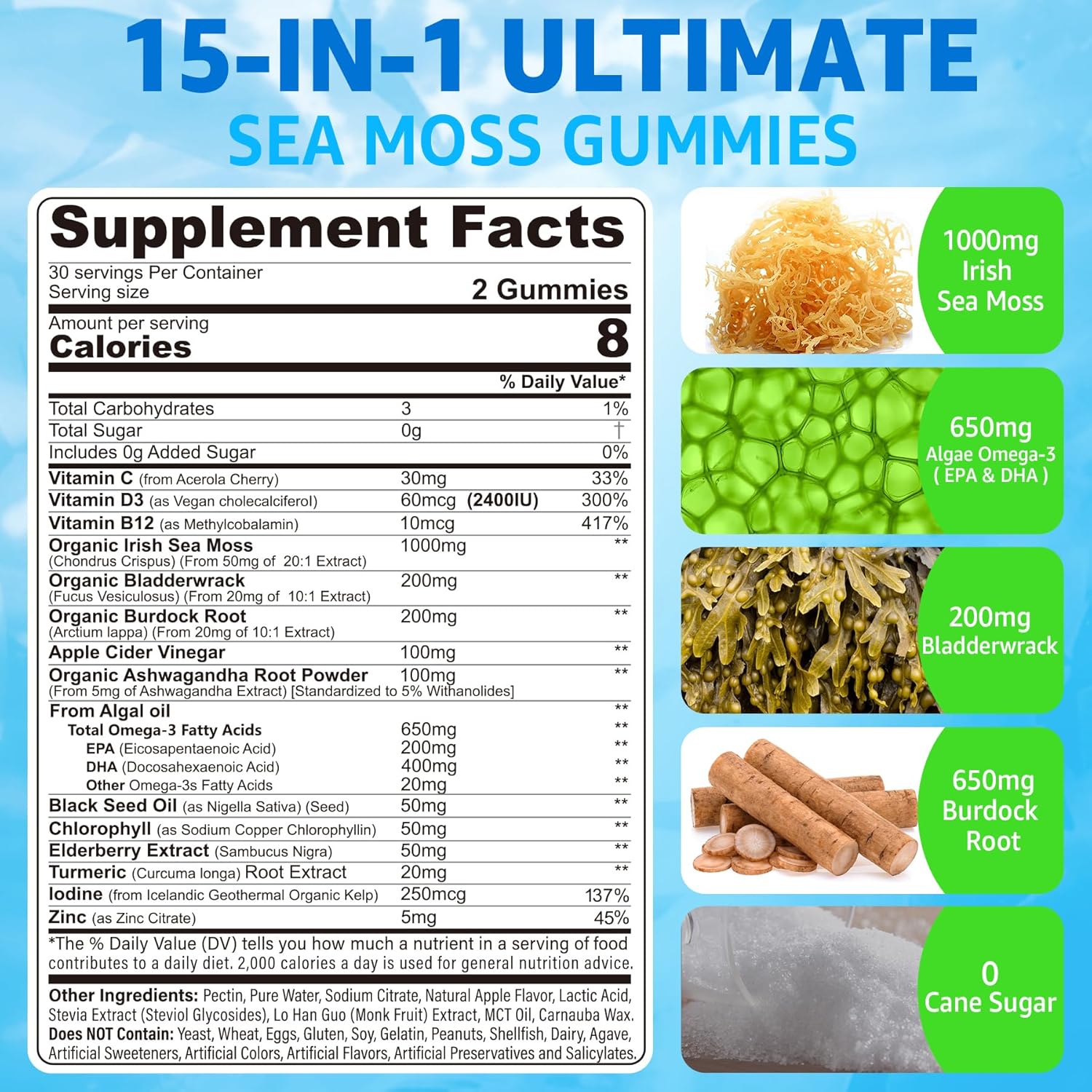 Vegan Sea Moss Gummies with Omega-3, Ashwagandha, Turmeric, Elderberry, Vitamins D3/B12, and More for Immunity and Energy Support - 120 Count