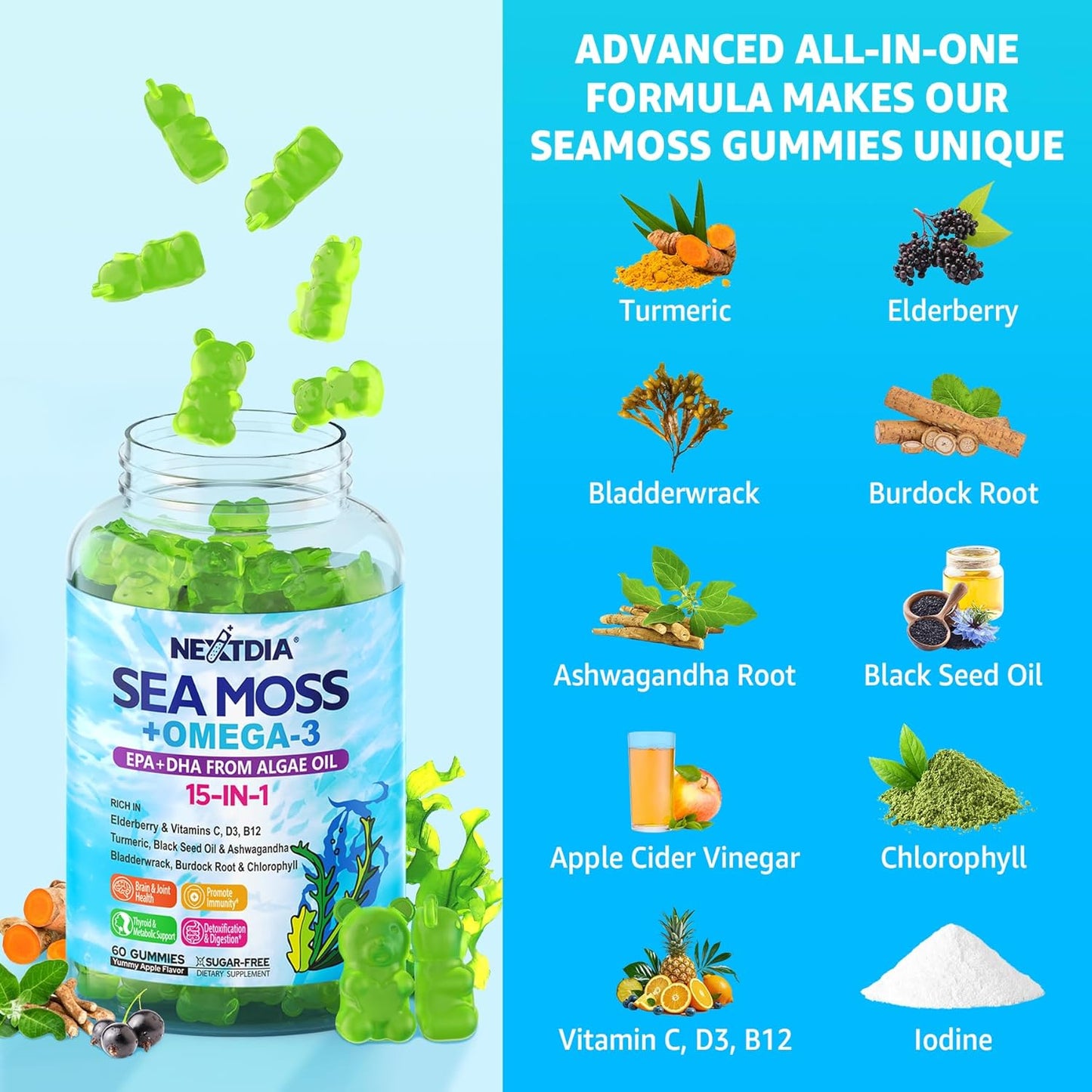 Vegan Sea Moss Gummies with Omega-3, Ashwagandha, Turmeric, Elderberry, Vitamins D3/B12, and More for Immunity and Energy Support - 120 Count