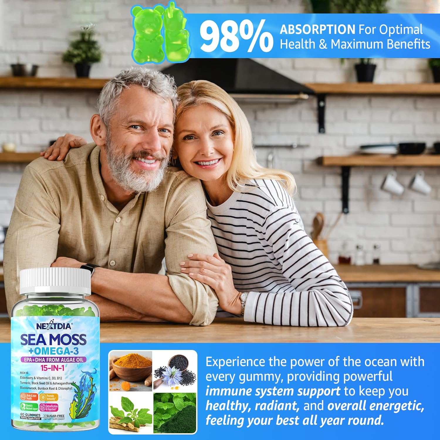 Vegan Sea Moss Gummies with Omega-3, Ashwagandha, Turmeric, Elderberry, Vitamins D3/B12, and More for Immunity and Energy Support - 120 Count