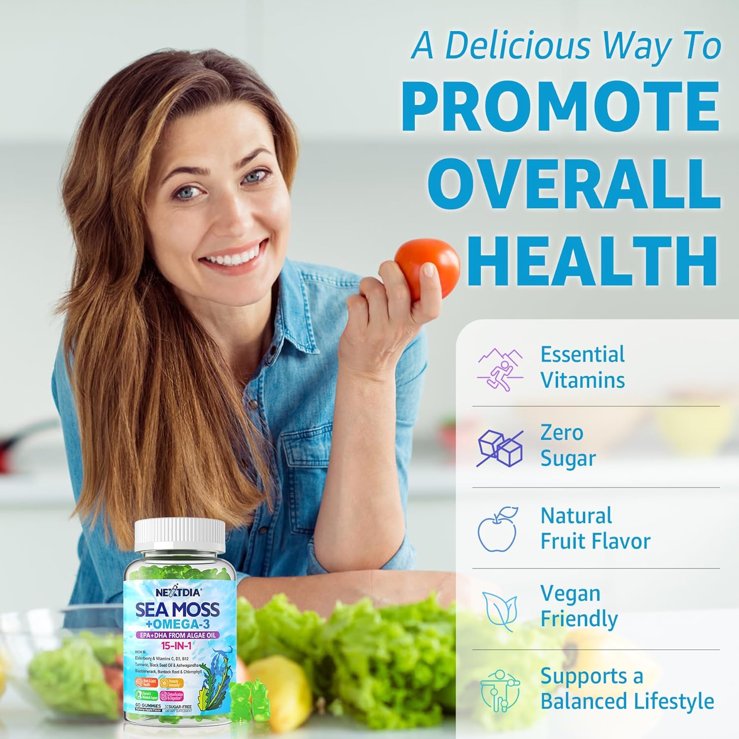 Vegan Sea Moss Gummies with Omega-3, Ashwagandha, Turmeric, Elderberry, Vitamins D3/B12, and More for Immunity and Energy Support - 120 Count