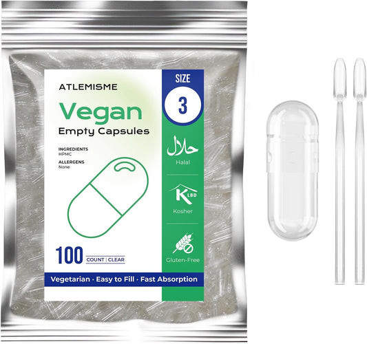 Vegan Size 3 Empty Capsules for DIY Vegetable Capsule Filling with 2 Micro Lab Spoons