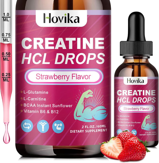 Vegan Strawberry Flavored Creatine HCL Liquid Drops with BCAAs and Vitamins for Muscle Growth and Energy - 2 Fl Oz