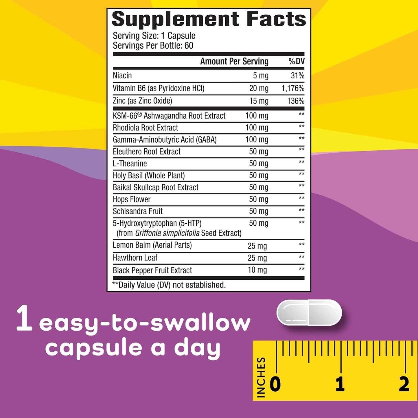 Vegan Stress Relief Capsules for Women with GABA, 5-HTP, Ashwagandha - Vitamin Dietary Supplement - 60 Count