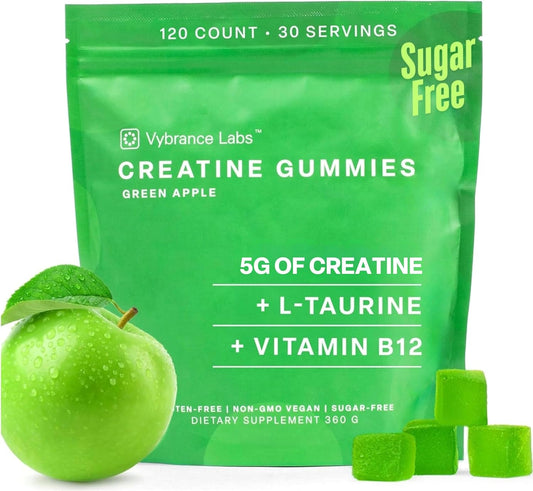 Vegan Sugar Free Creatine Gummies with Taurine & B12 - Boost Energy, Focus & Muscle | Gluten-Free | 120 ct Green Apple Flavor