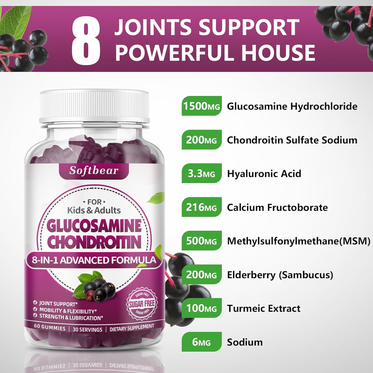 Vegan Sugar-Free Glucosamine Chondroitin MSM Gummies for Joint Health - Elderberry Flavor (120 Gummies)