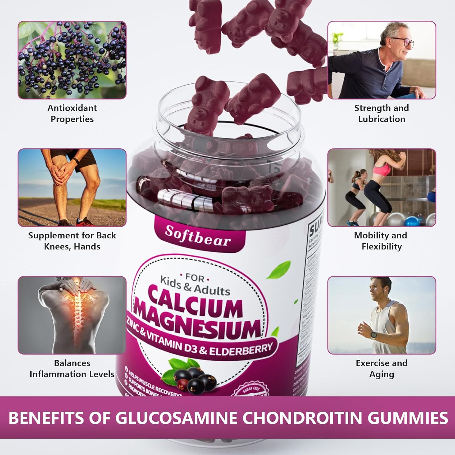 Vegan Sugar-Free Glucosamine Chondroitin MSM Gummies for Joint Health - Elderberry Flavor (120 Gummies)