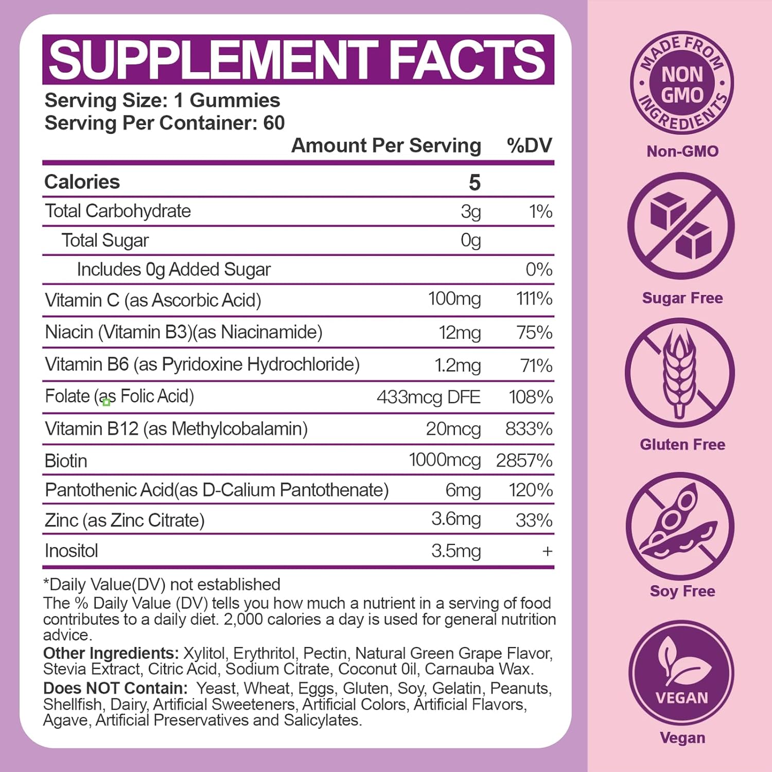 Vegan Sugar-Free Women's Vitamin B Complex Gummies with Methyl B12, Folate, Vitamin C, Zinc - Energy, Immune Support (120 Count)