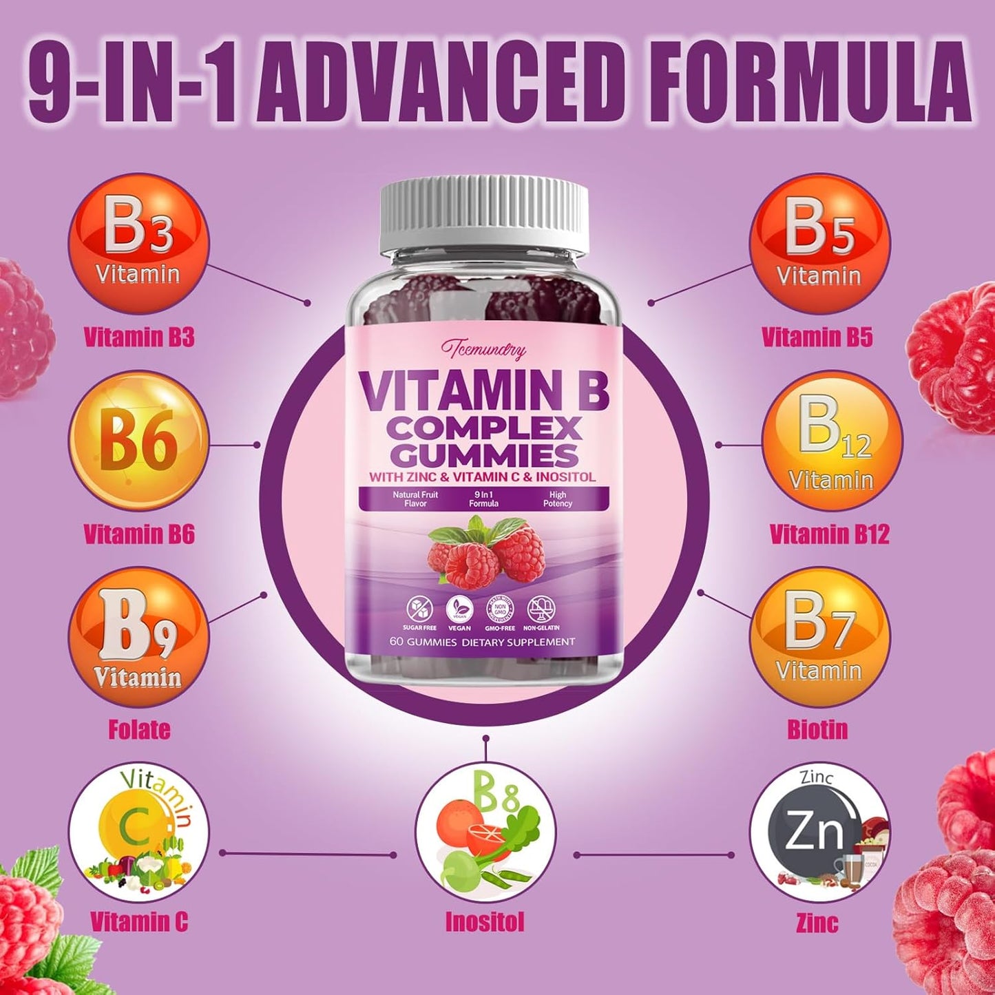 Vegan Sugar-Free Women's Vitamin B Complex Gummies with Methyl B12, Folate, Vitamin C, Zinc - Energy, Immune Support (120 Count)