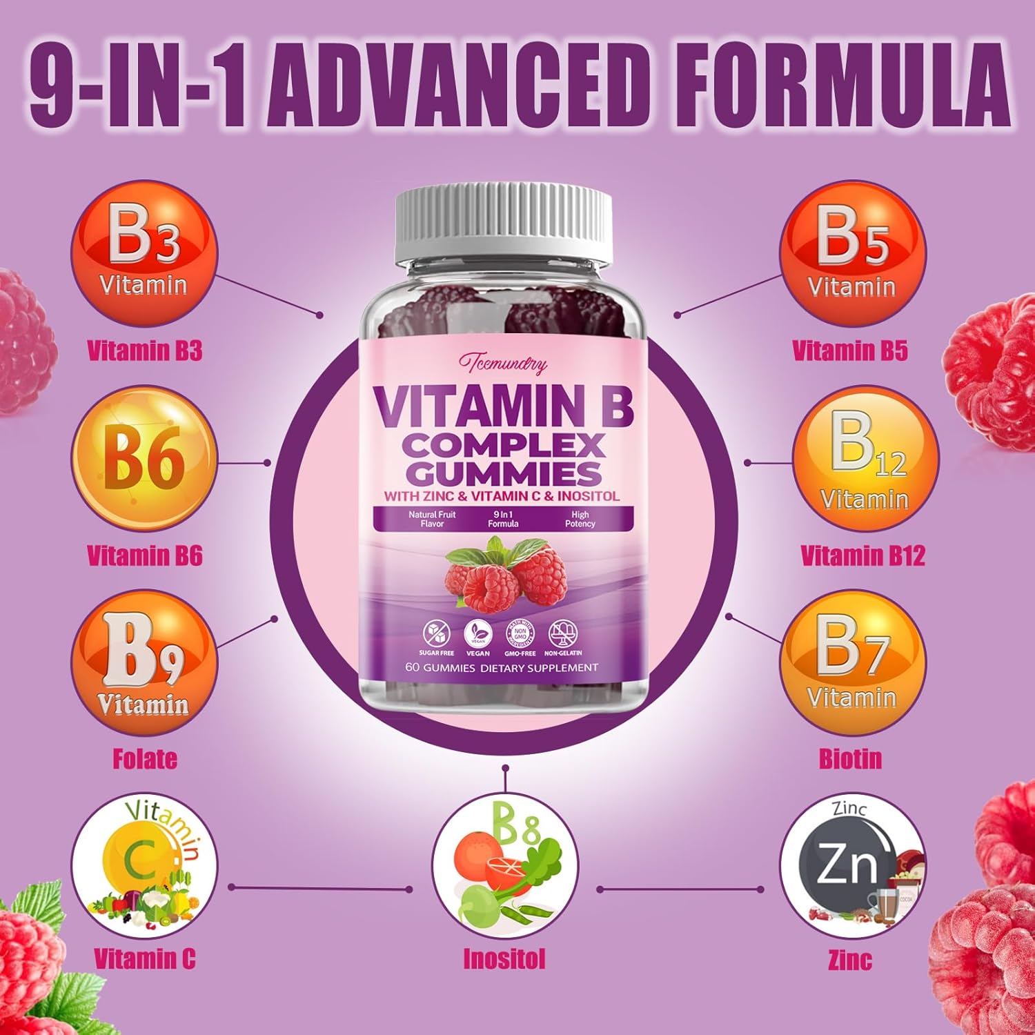 Vegan Sugar-Free Women's Vitamin B Complex Gummies with Methyl B12, Folate, Vitamin C, Zinc - Energy, Immune Support (120 Count)