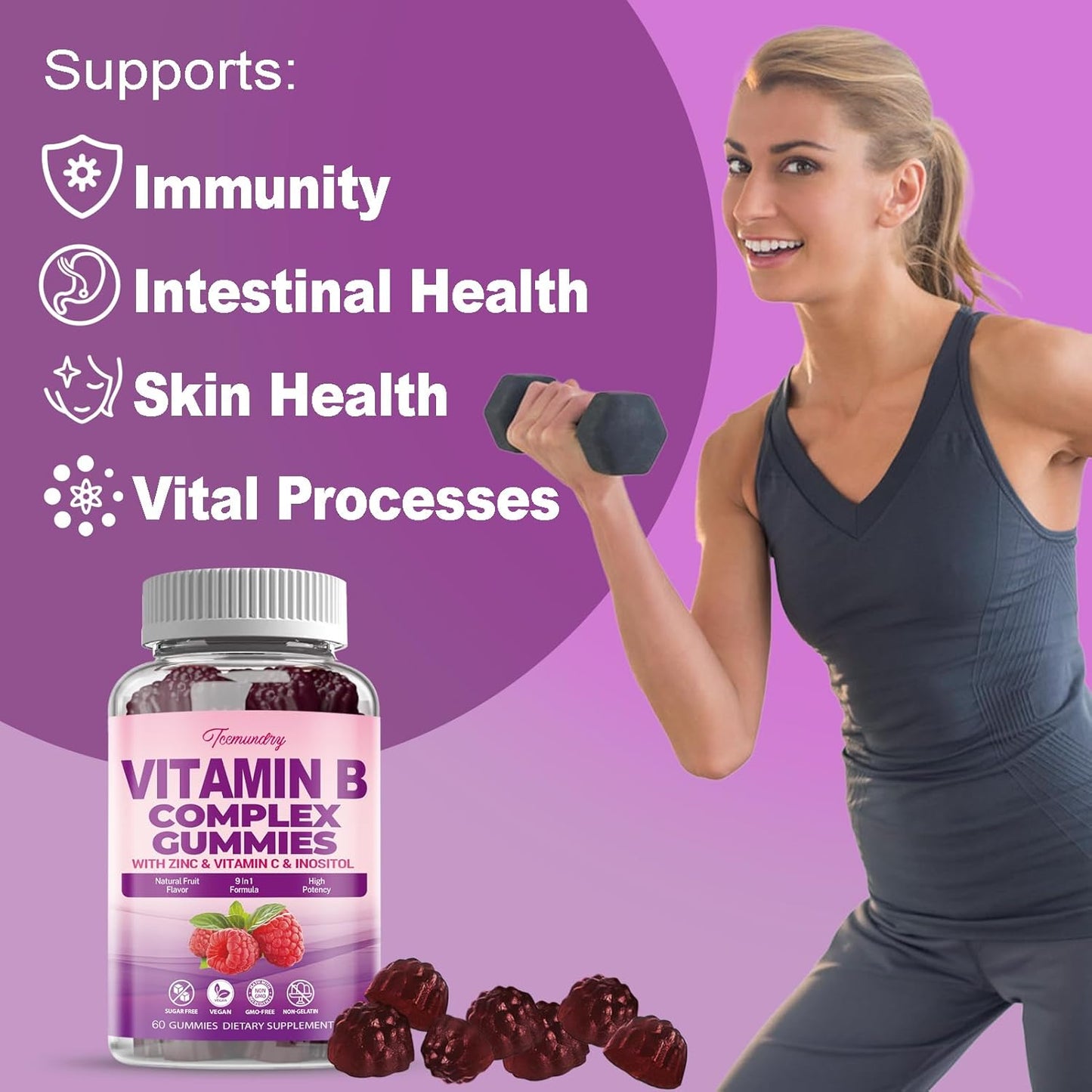 Vegan Sugar-Free Women's Vitamin B Complex Gummies with Methyl B12, Folate, Vitamin C, Zinc - Energy, Immune Support (120 Count)
