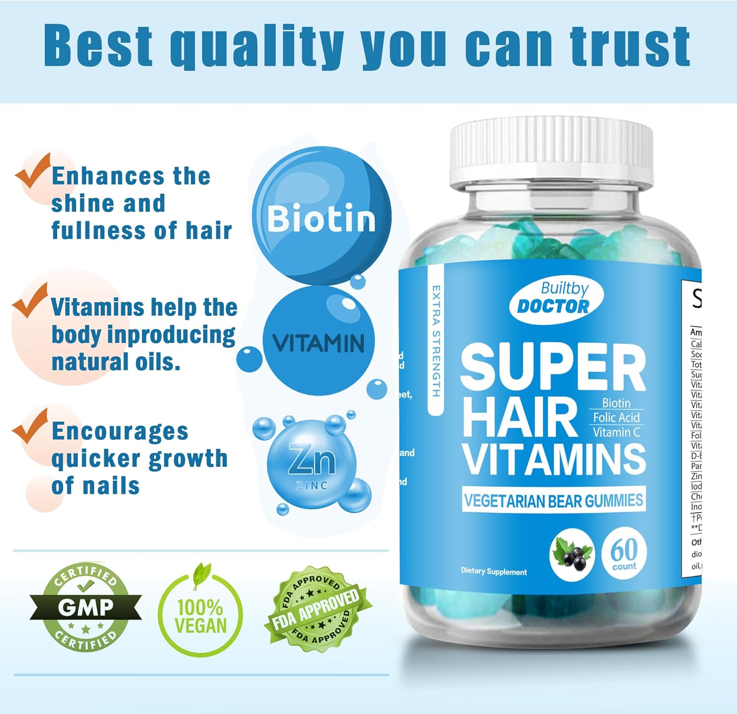 Vegan Super Biotin Gummies for Hair, Skin, and Nails - Extra Strength Formula for Faster Hair Growth - Men & Women's Vitamins
