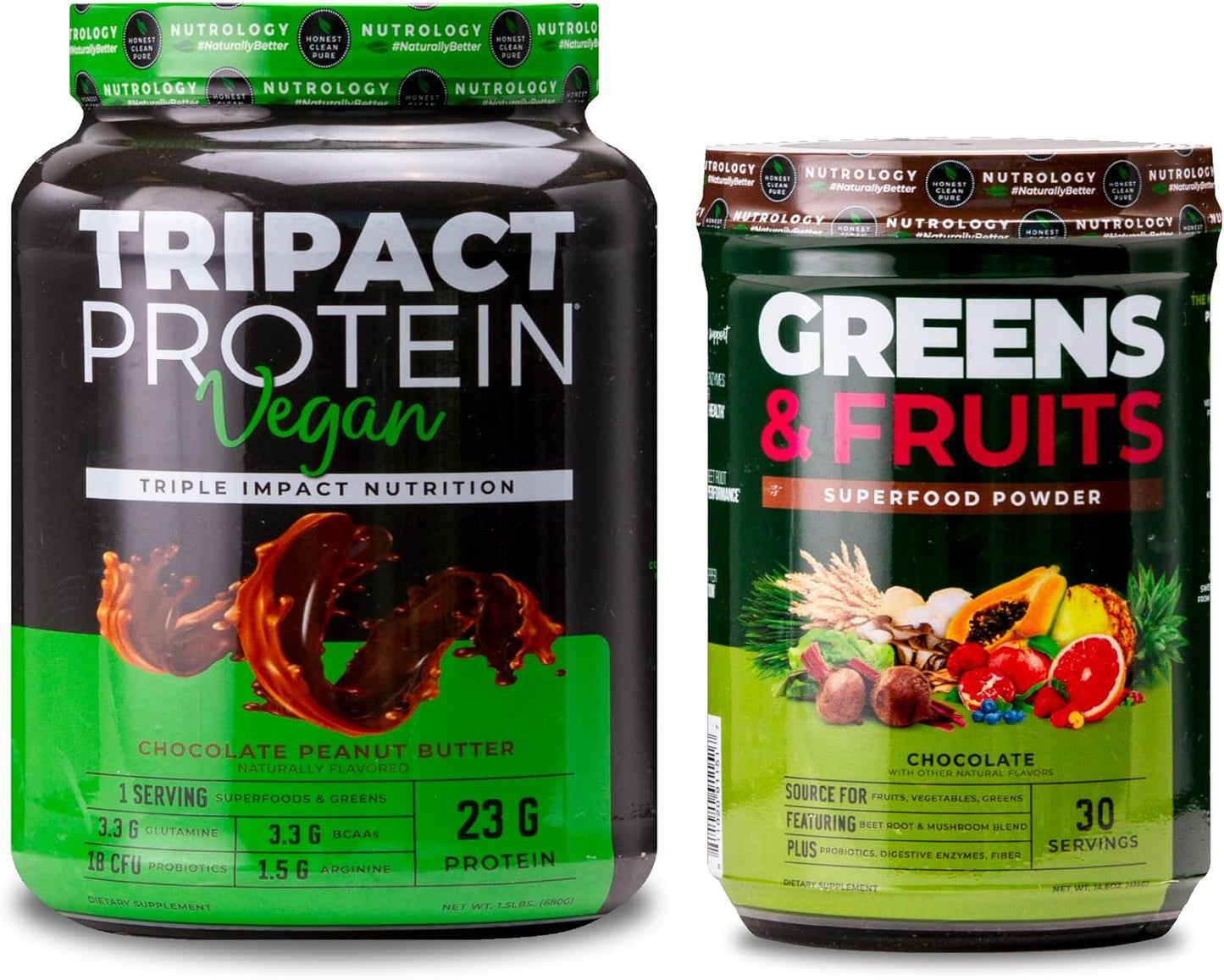 Vegan Superfood Powder Bundle: Nutrology Greens & Fruits + TRIPACT Vegan Protein, Chocolate Peanut Butter (50 Servings)