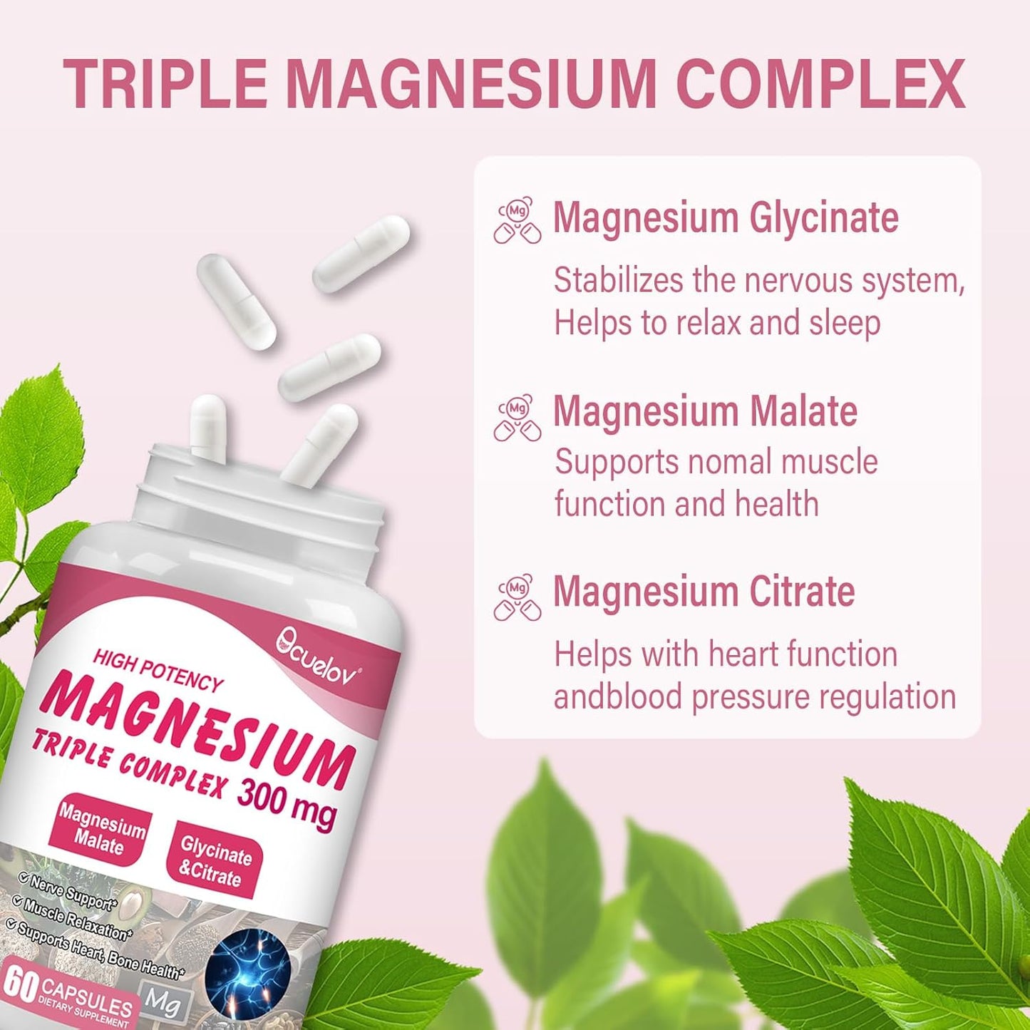 Vegan Triple Magnesium Complex Supplement for Muscles, Nerves, Bone & Energy - 300mg Magnesium (Glycinate, Malate & Citrate) - Non-GMO | 60 Capsules