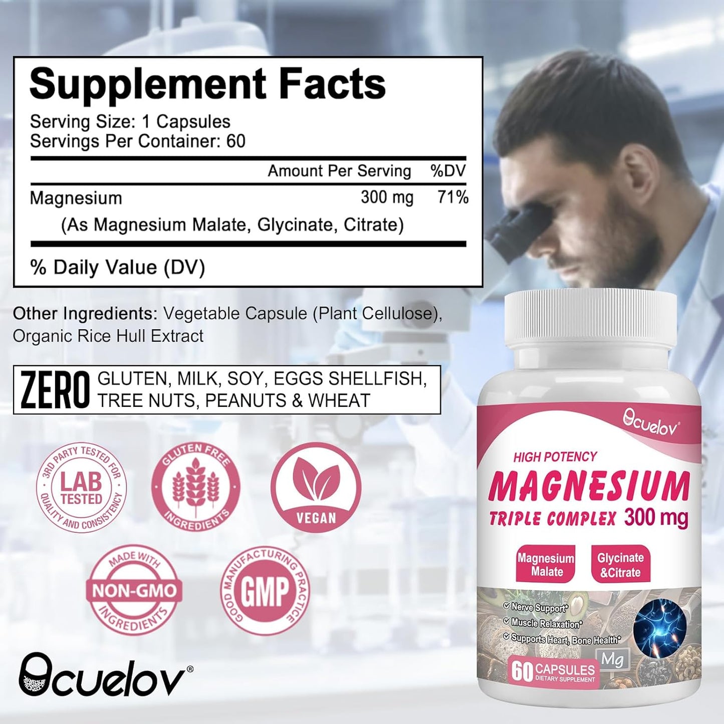 Vegan Triple Magnesium Complex Supplement for Muscles, Nerves, Bone & Energy - 300mg Magnesium (Glycinate, Malate & Citrate) - Non-GMO | 60 Capsules
