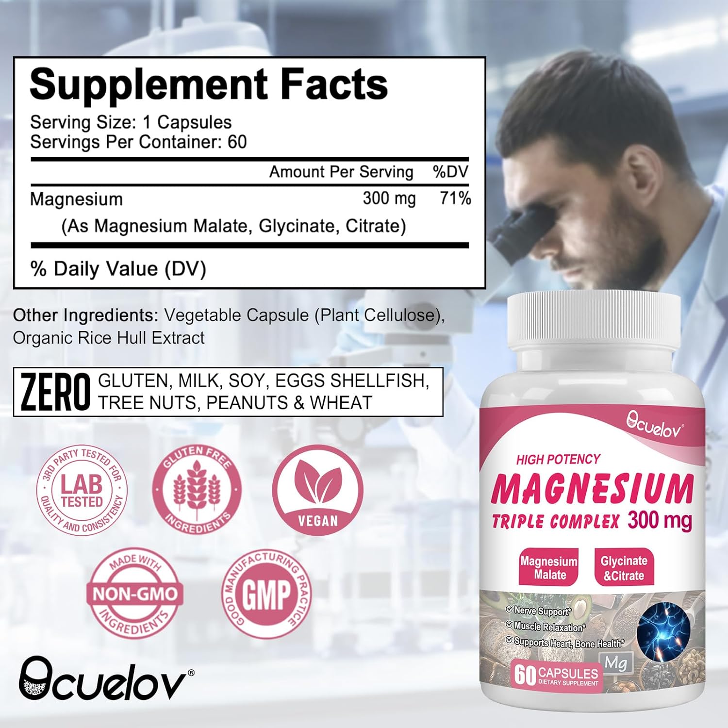 Vegan Triple Magnesium Complex Supplement for Muscles, Nerves, Bone & Energy - 300mg Magnesium (Glycinate, Malate & Citrate) - Non-GMO | 60 Capsules