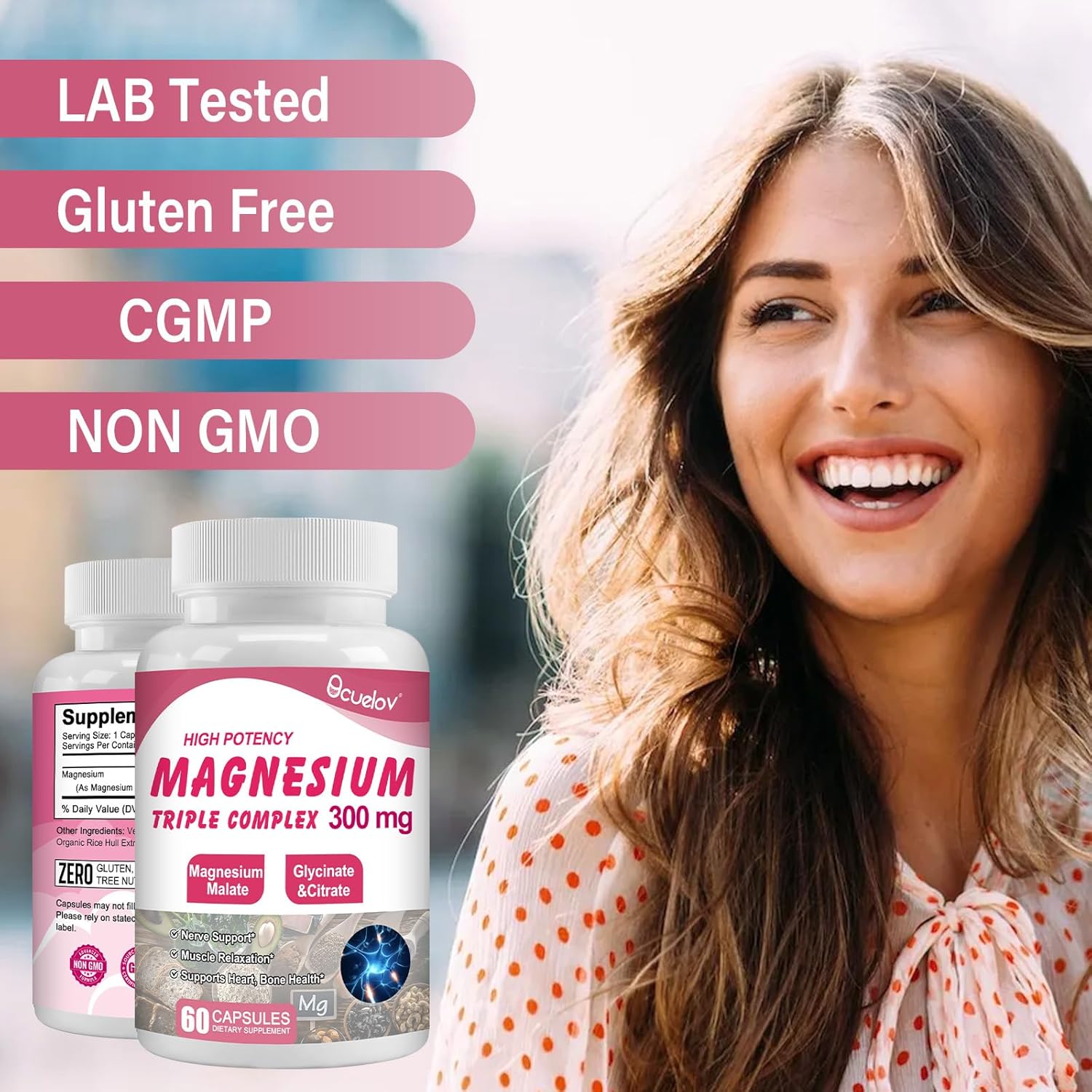 Vegan Triple Magnesium Complex Supplement for Muscles, Nerves, Bone & Energy - 300mg Magnesium (Glycinate, Malate & Citrate) - Non-GMO | 60 Capsules