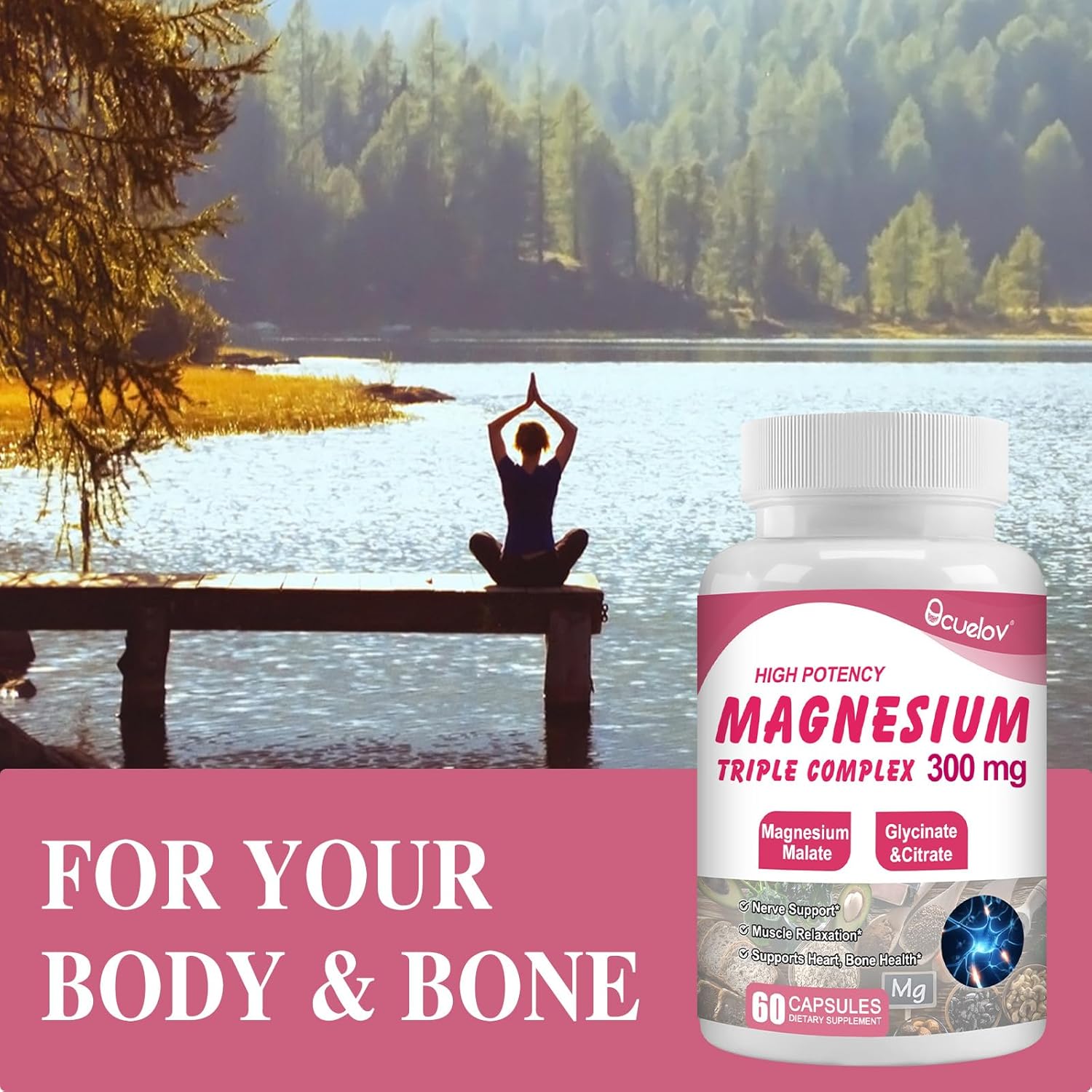 Vegan Triple Magnesium Complex Supplement for Muscles, Nerves, Bone & Energy - 300mg Magnesium (Glycinate, Malate & Citrate) - Non-GMO | 60 Capsules