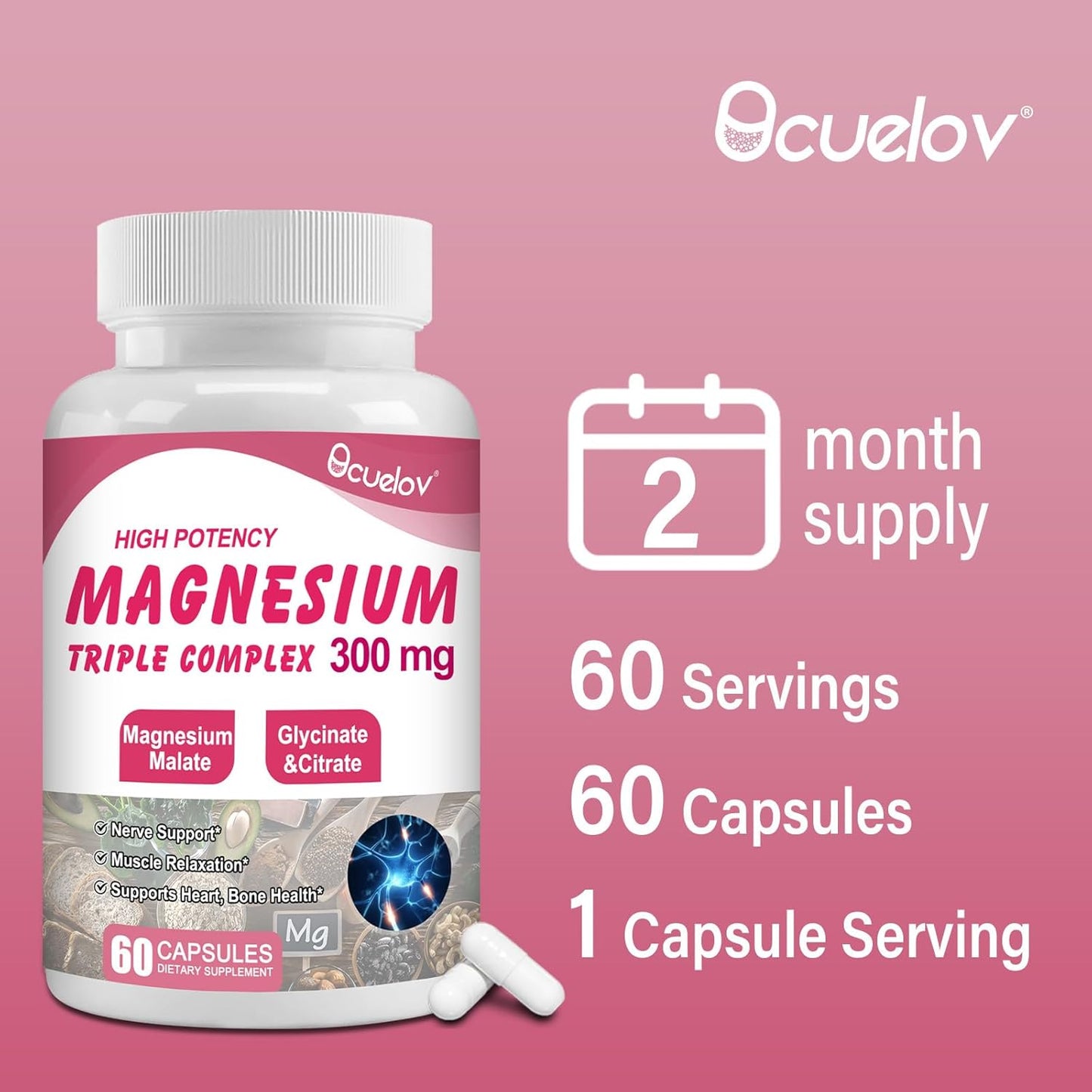 Vegan Triple Magnesium Complex Supplement for Muscles, Nerves, Bone & Energy - 300mg Magnesium (Glycinate, Malate & Citrate) - Non-GMO | 60 Capsules