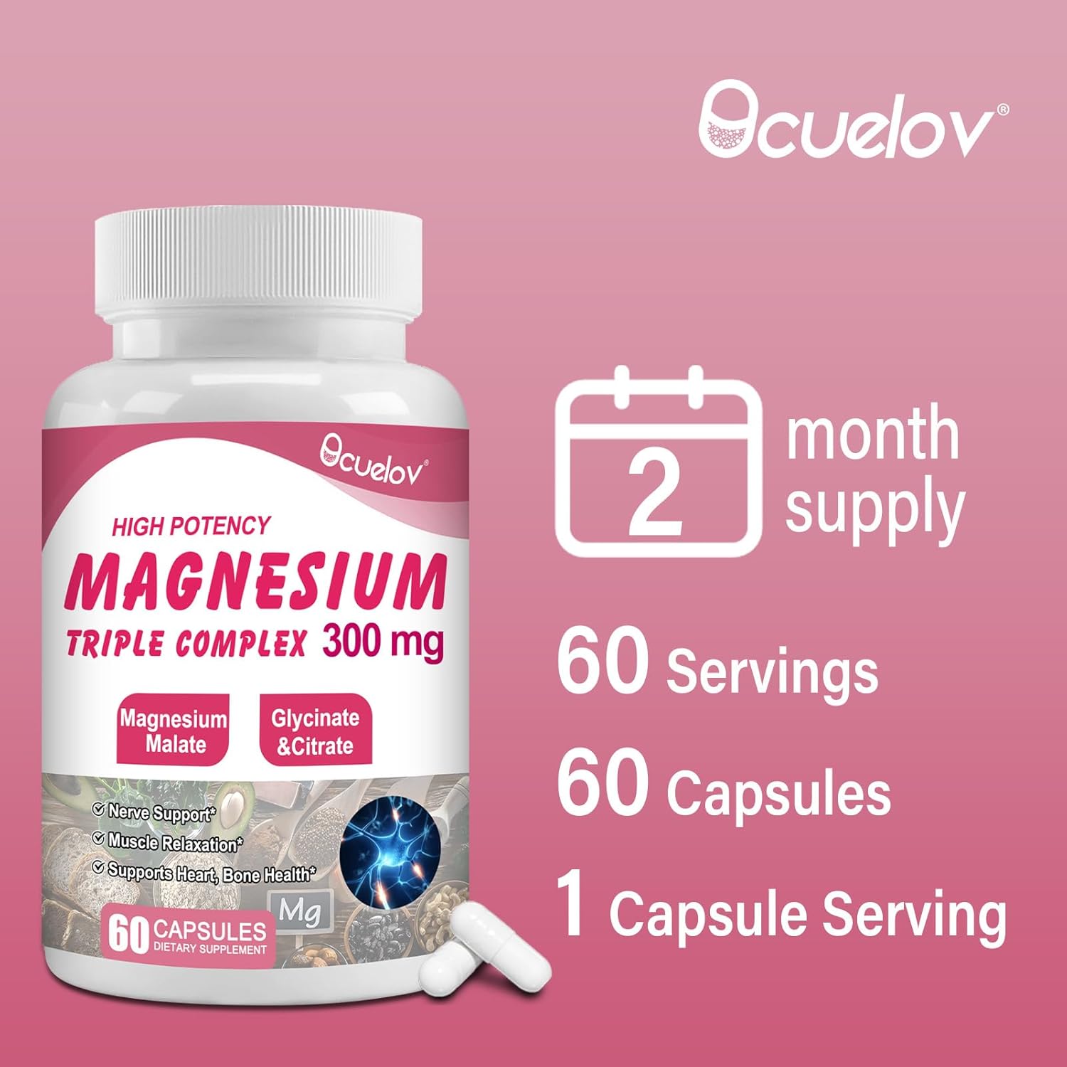 Vegan Triple Magnesium Complex Supplement for Muscles, Nerves, Bone & Energy - 300mg Magnesium (Glycinate, Malate & Citrate) - Non-GMO | 60 Capsules