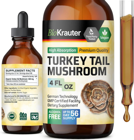 Vegan Turkey Tail Mushroom Extract Drops - Immune Support Supplement - Alcohol & Sugar Free - 4 Fl.Oz.