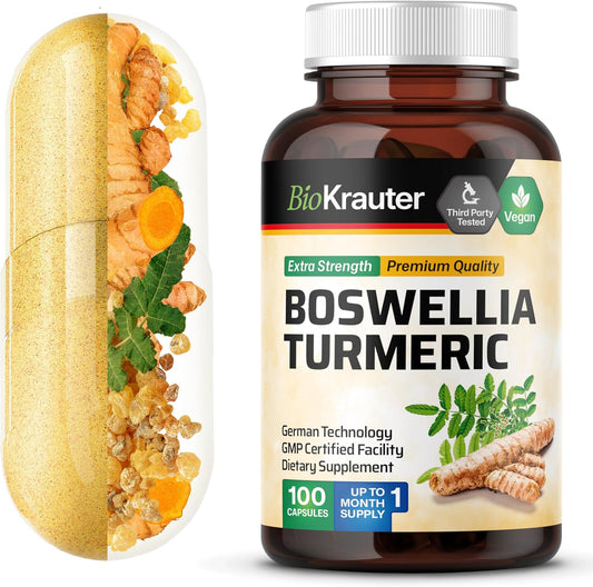 Vegan Turmeric and Boswellia Extract Capsules - 2000 mg Blend with Black Pepper - 100 Count - Herbal Supplement Formula