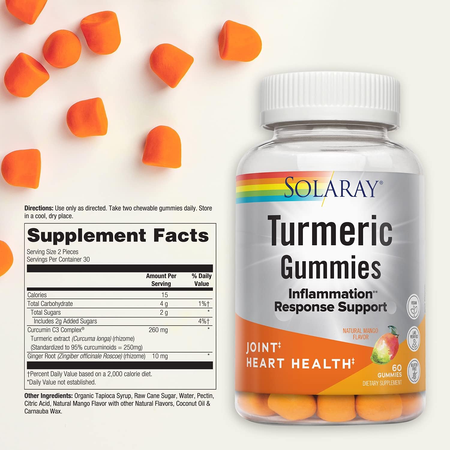 Vegan Turmeric Gummies with Ginger for Heart Health & Inflammation | Gluten Free | 60 Count, 30 Servings