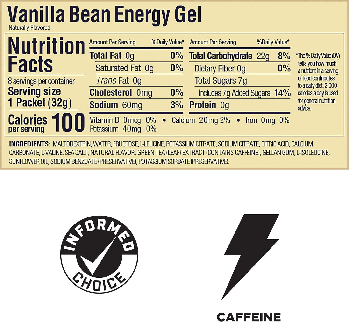 Vegan Vanilla Bean Energy Gel for Any Workout, 8-Pack Gluten-Free & Dairy-Free Kosher Sports Nutrition