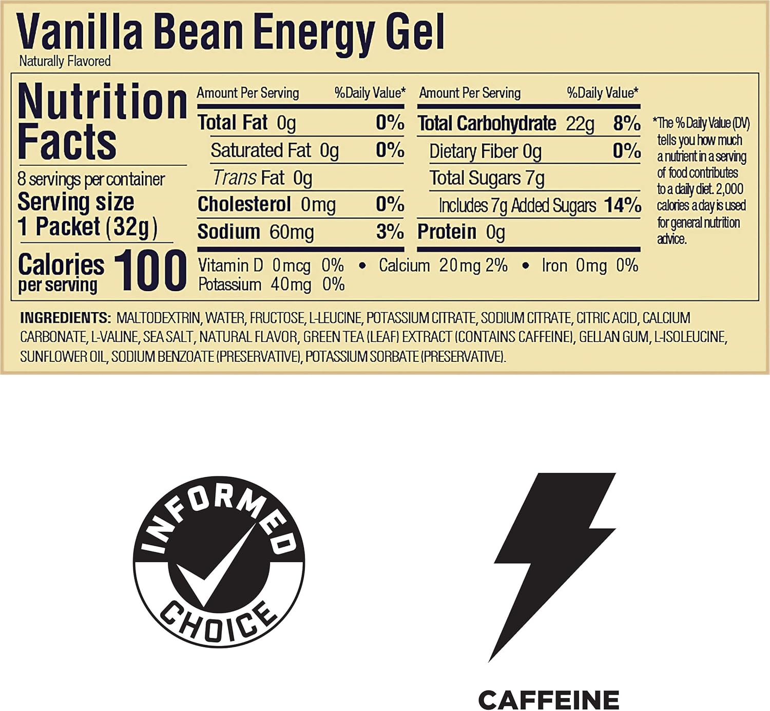 Vegan Vanilla Bean Energy Gel for Any Workout, 8-Pack Gluten-Free & Dairy-Free Kosher Sports Nutrition