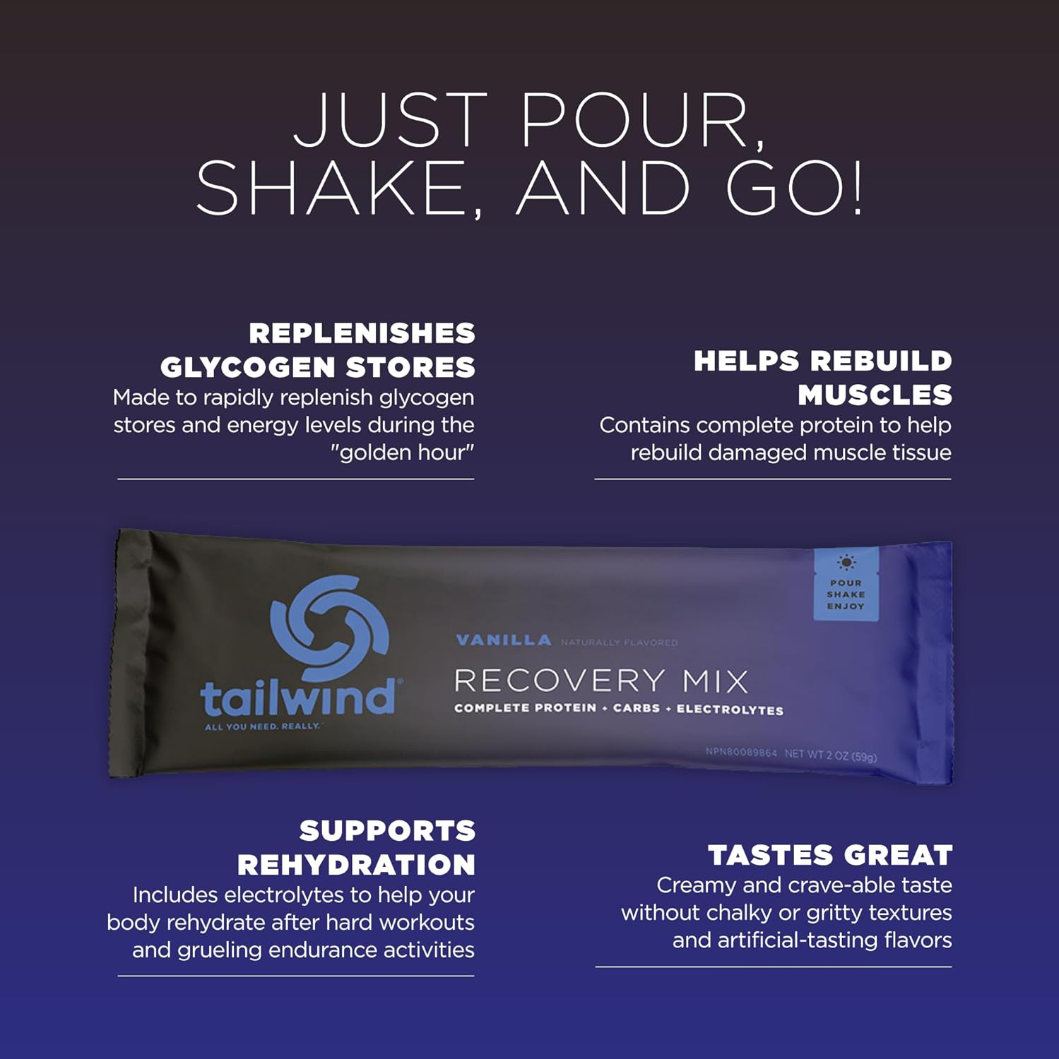 Vegan Vanilla Recovery Mix with Protein, Carbs, Electrolytes - Gluten, Soy, Dairy-Free - 12 Servings