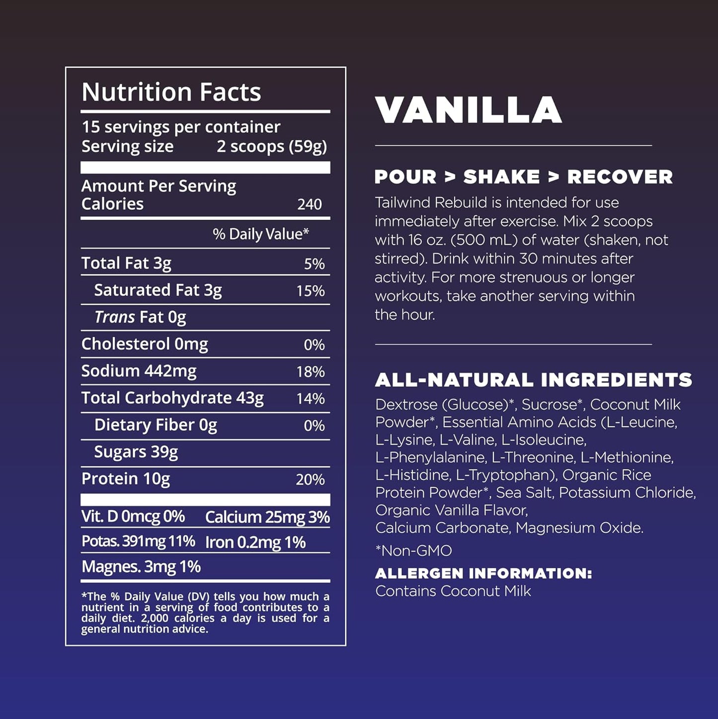 Vegan Vanilla Recovery Mix with Protein, Carbs, Electrolytes - Gluten, Soy, Dairy-Free - 12 Servings