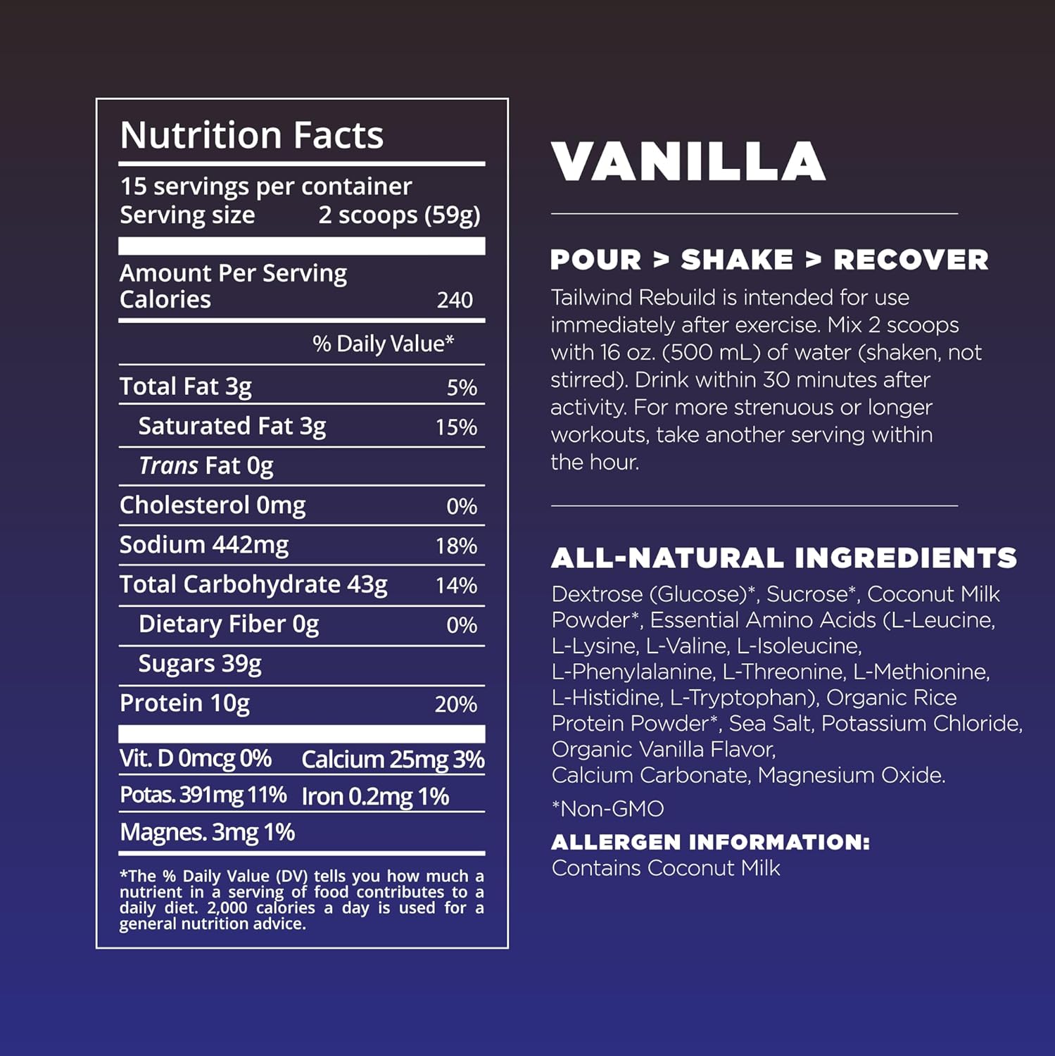 Vegan Vanilla Recovery Mix with Protein, Carbs, Electrolytes - Gluten, Soy, Dairy-Free - 12 Servings