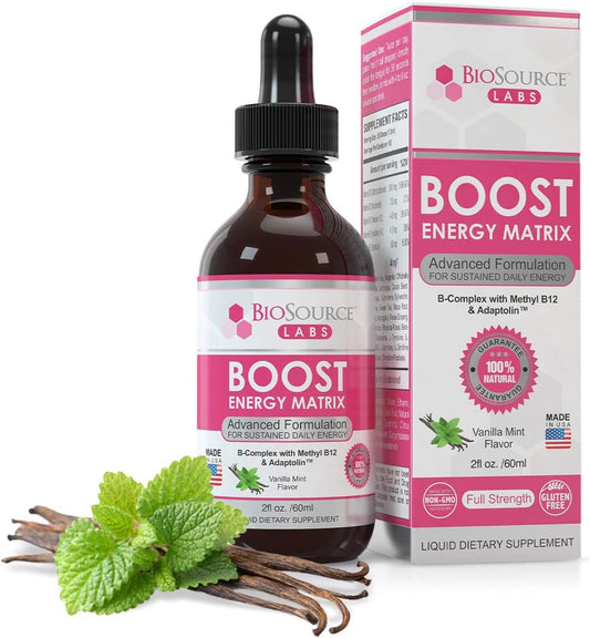 Vegan Vitamin B-Complex Energy Supplement with Methyl B12 & Adaptolin Liquid Drops (2oz Bottle) from BioSource Labs