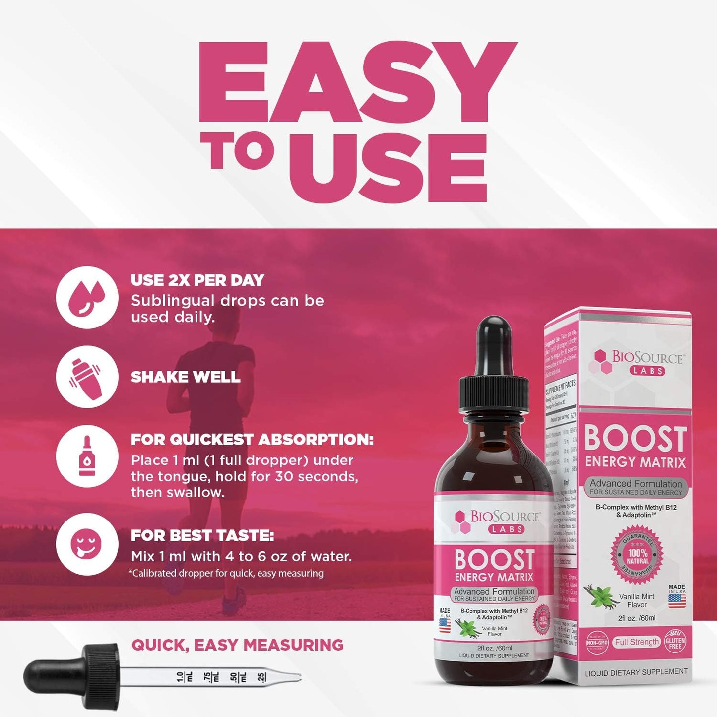 Vegan Vitamin B-Complex Energy Supplement with Methyl B12 & Adaptolin Liquid Drops (2oz Bottle) from BioSource Labs