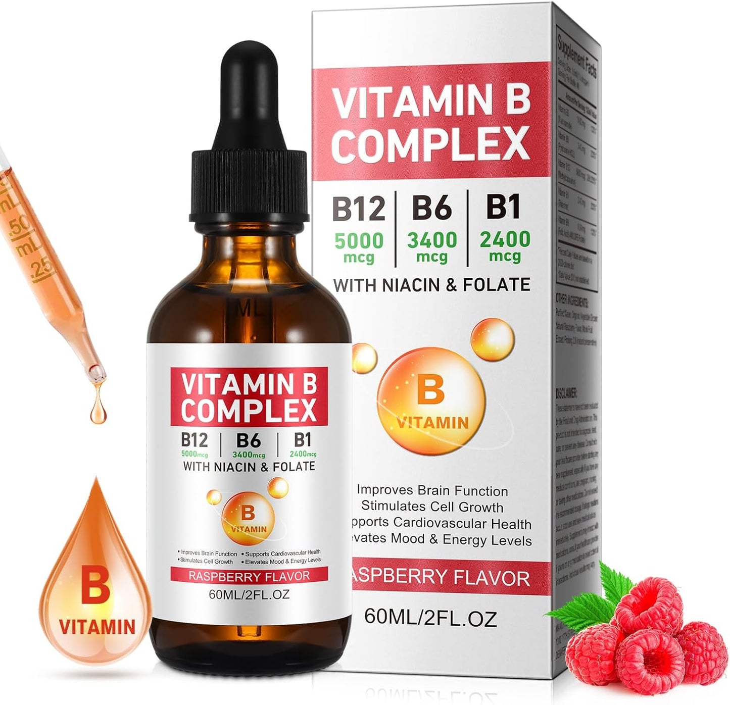 Vegan Vitamin B Complex Liquid Drops with B12, B1, B6, Folic Acid, Niacin - Energy, Brain, Heart Support, 40 Servings