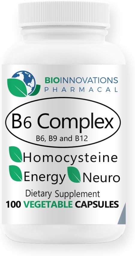 Vegan Vitamin B6 Complex with B9, B12 Methylcobalamin for Cardiovascular and Bone Health - 100 Capsules