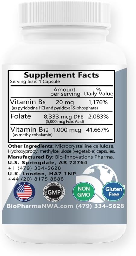 Vegan Vitamin B6 Complex with B9, B12 Methylcobalamin for Cardiovascular and Bone Health - 100 Capsules