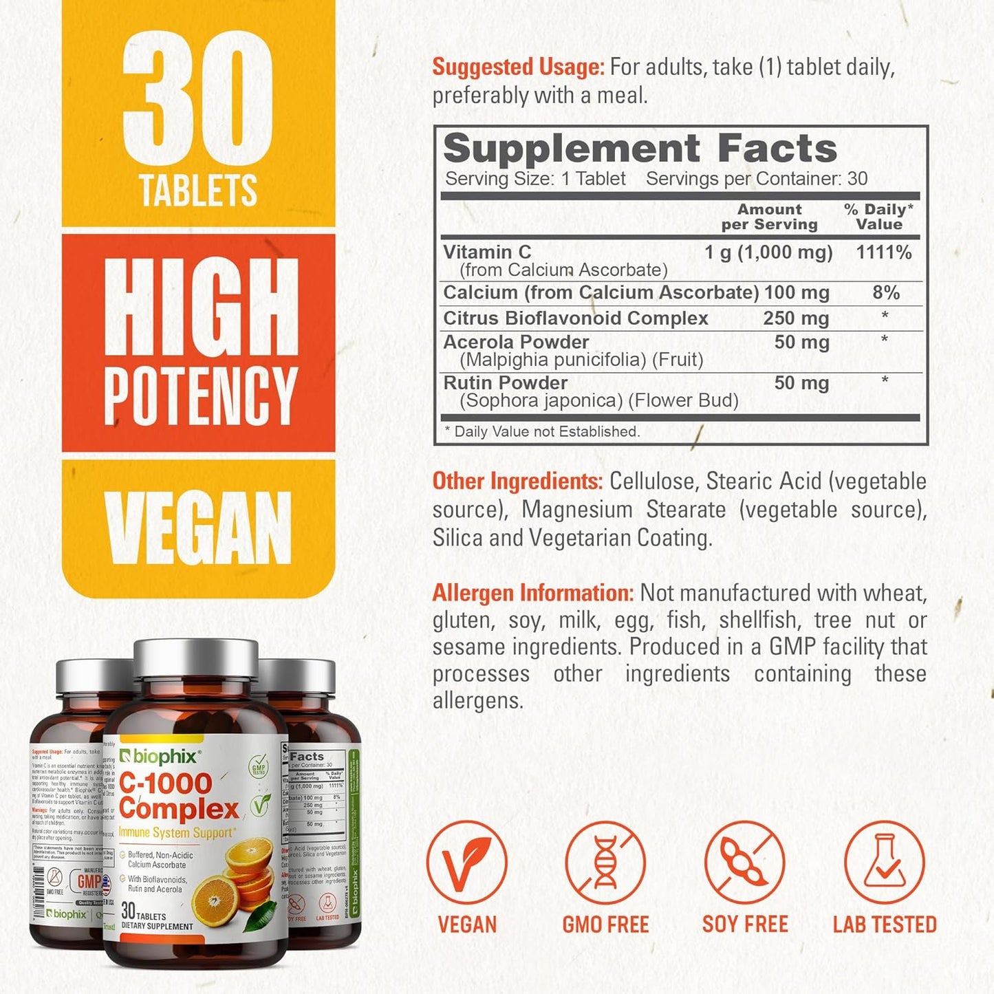 Vegan Vitamin C-1000 mg Complex with Calcium & Bioflavonoids - Immune Health Support - 30 Tablets