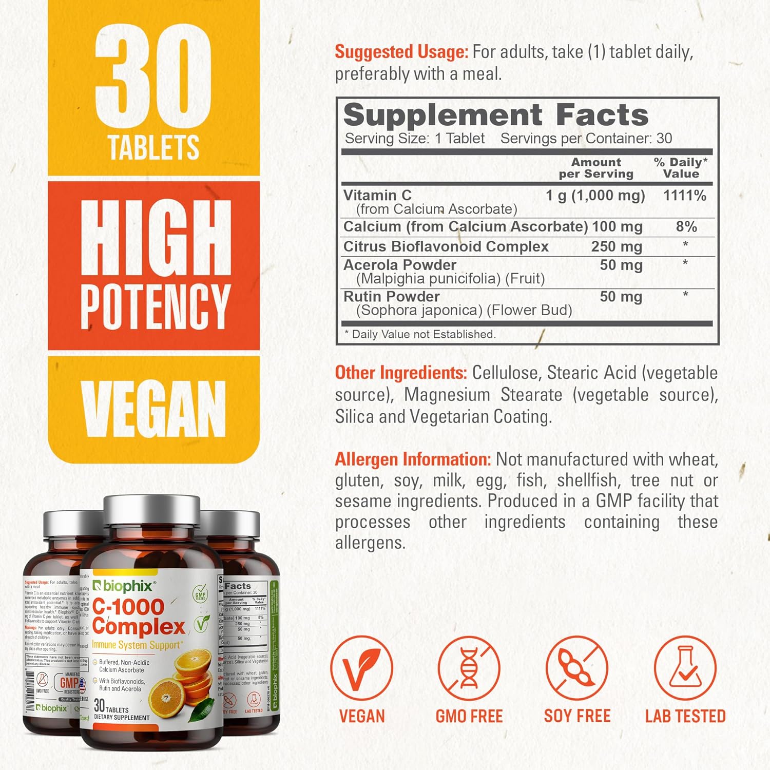 Vegan Vitamin C-1000 mg Complex with Calcium & Bioflavonoids - Immune Health Support - 30 Tablets