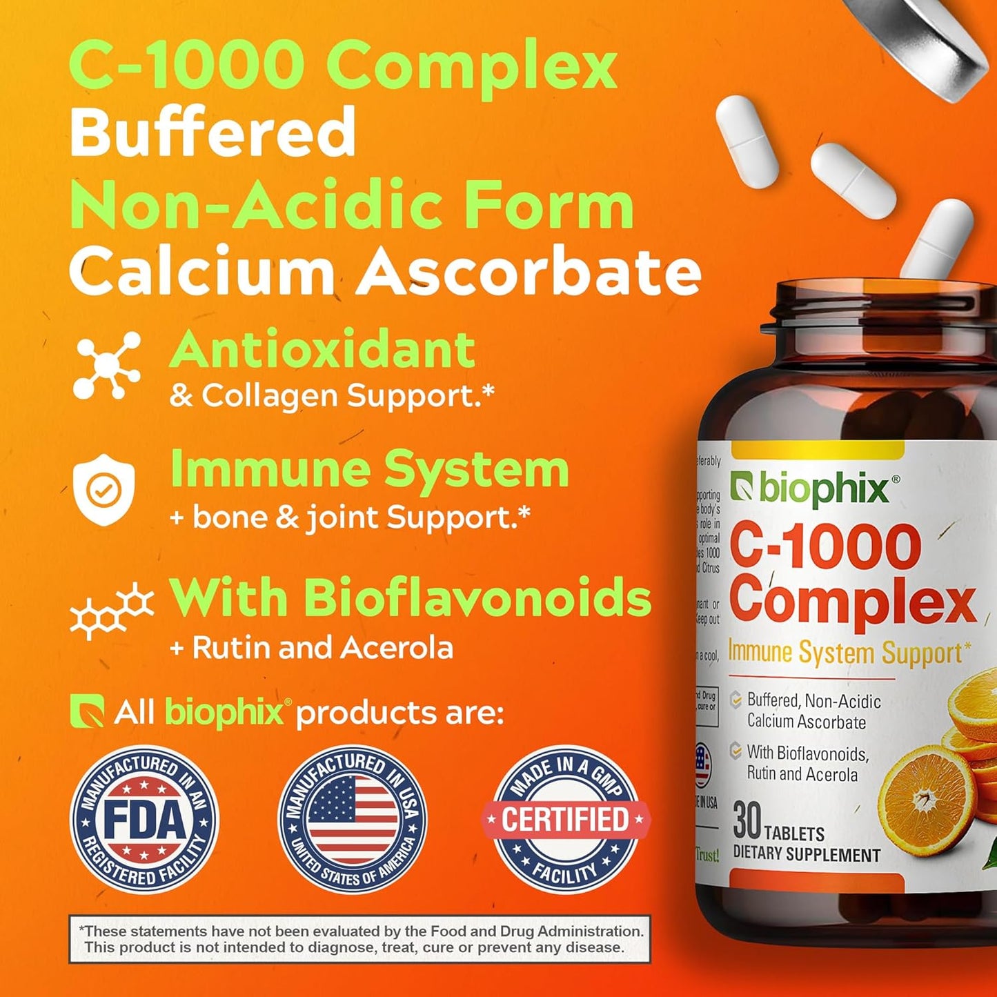 Vegan Vitamin C-1000 mg Complex with Calcium & Bioflavonoids - Immune Health Support - 30 Tablets