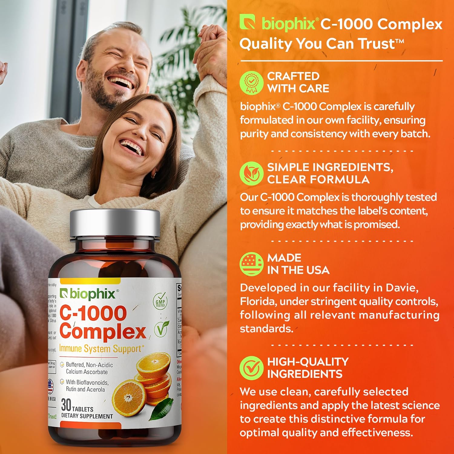 Vegan Vitamin C-1000 mg Complex with Calcium & Bioflavonoids - Immune Health Support - 30 Tablets