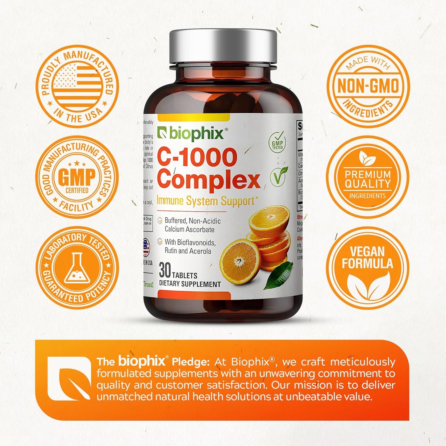 Vegan Vitamin C-1000 mg Complex with Calcium & Bioflavonoids - Immune Health Support - 30 Tablets
