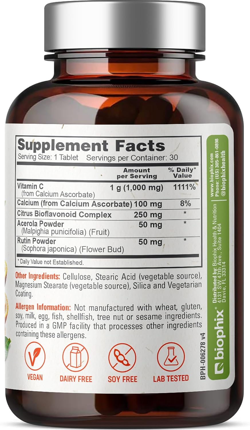 Vegan Vitamin C-1000 mg Complex with Calcium & Bioflavonoids - Immune Health Support - 30 Tablets