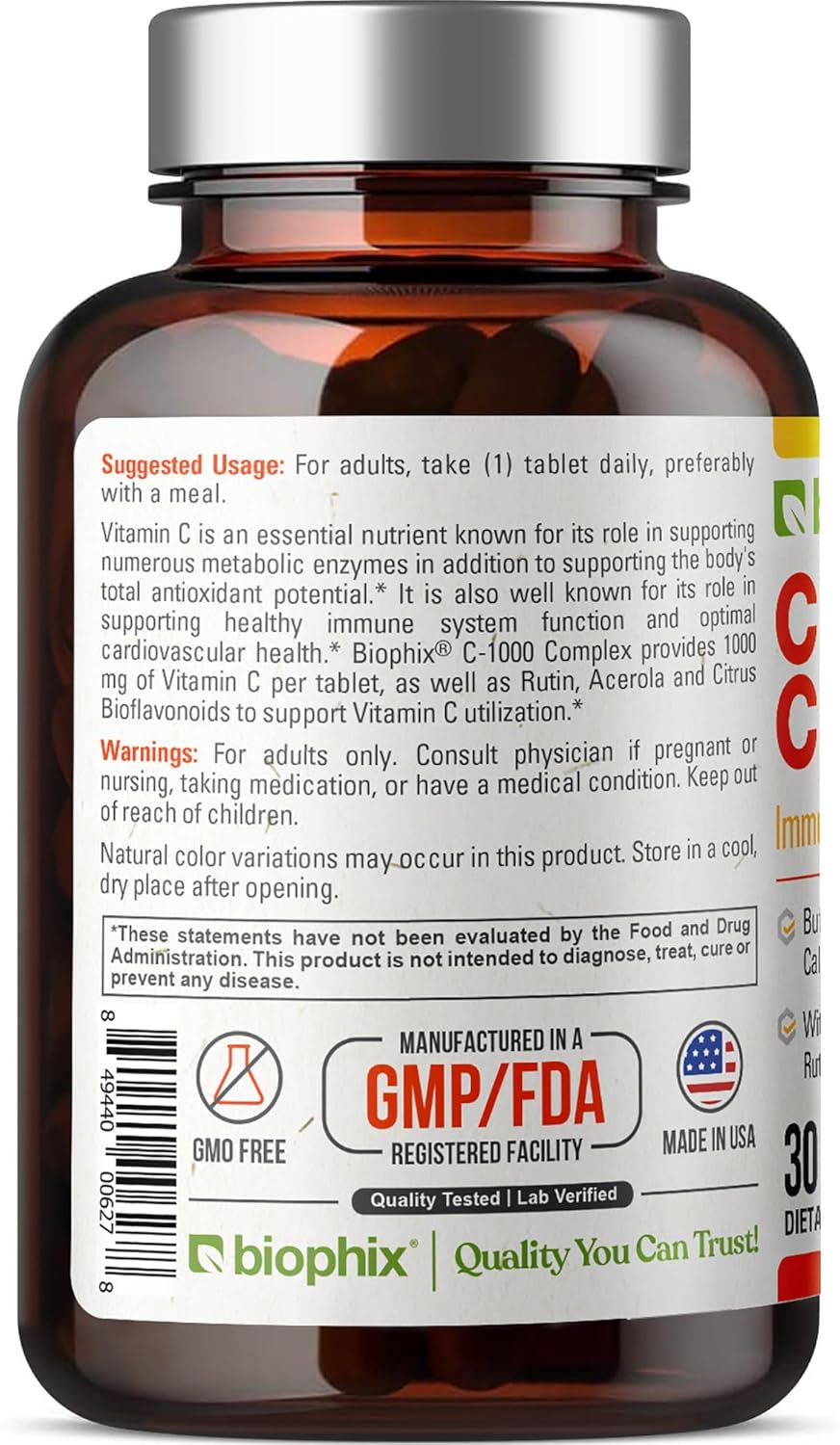 Vegan Vitamin C-1000 mg Complex with Calcium & Bioflavonoids - Immune Health Support - 30 Tablets