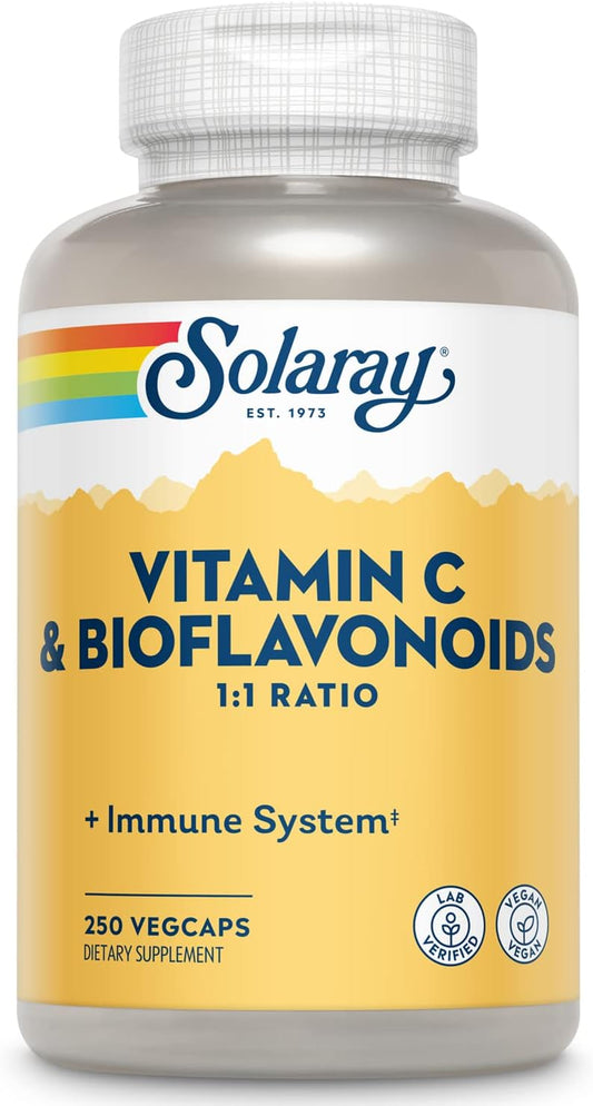Vegan Vitamin C Supplement with Citrus Bioflavonoids and Rose HIPS - Immune Support and Antioxidant, 250 VegCaps, 125 Servings, 60-Day Guarantee