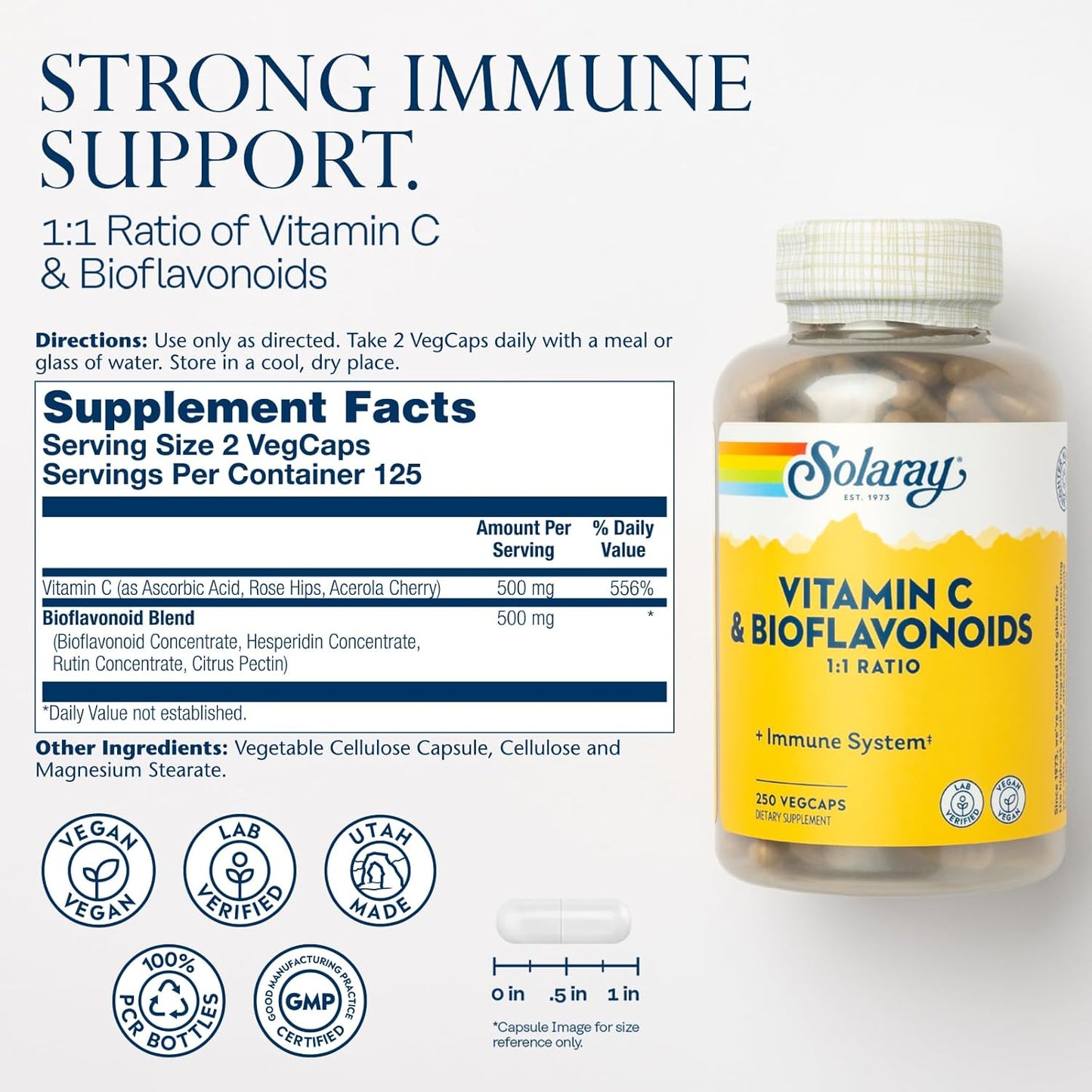 Vegan Vitamin C Supplement with Citrus Bioflavonoids and Rose HIPS - Immune Support and Antioxidant, 250 VegCaps, 125 Servings, 60-Day Guarantee