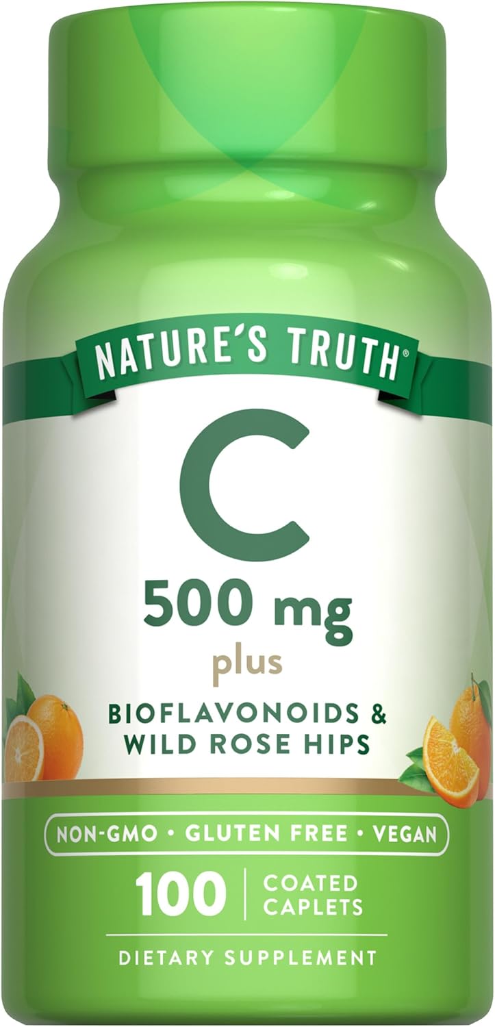 Vegan Vitamin C with Rose Hips & Bioflavonoids Caplets - 500mg, 100 Count | Non-GMO & Gluten-Free