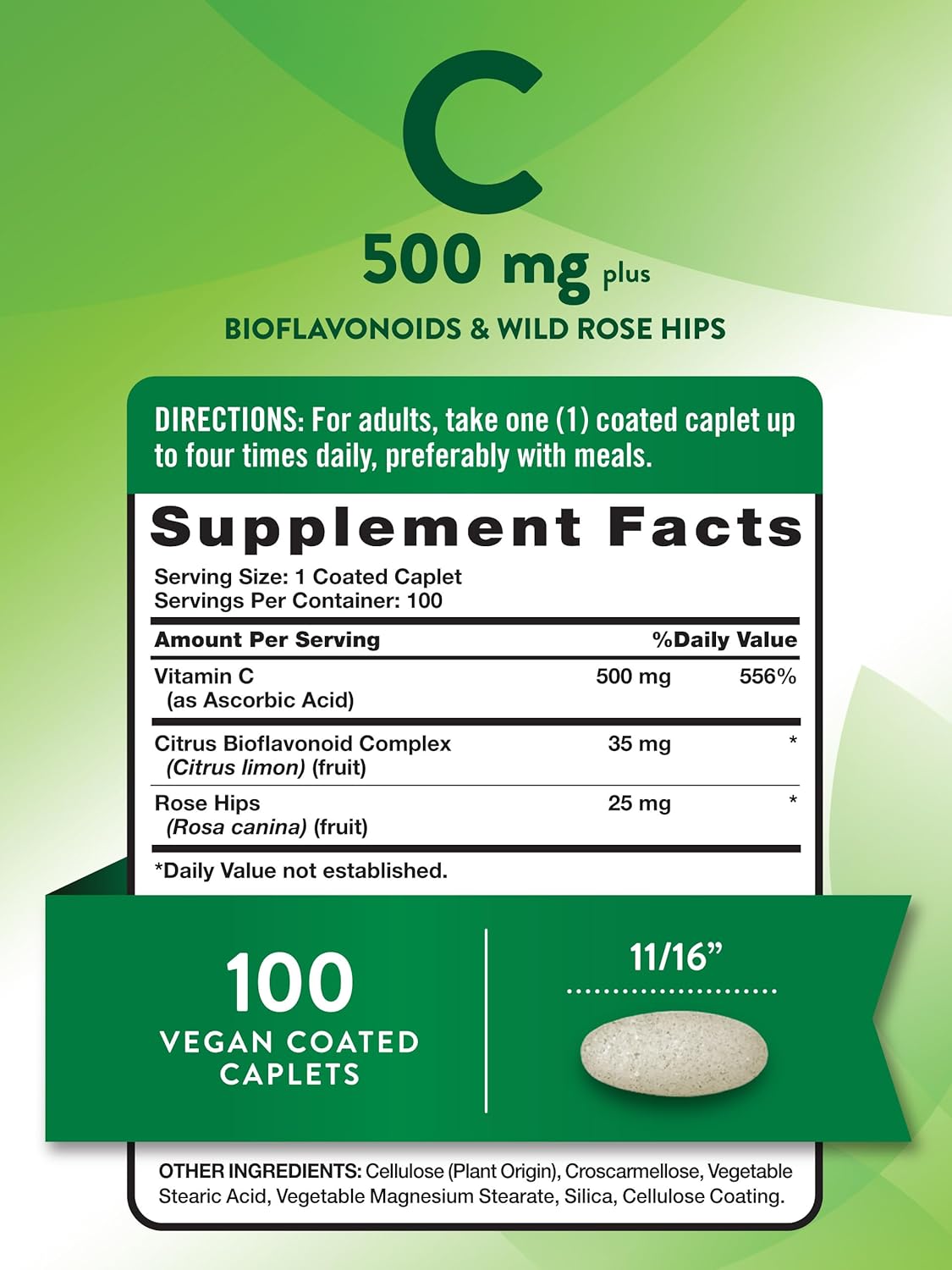 Vegan Vitamin C with Rose Hips & Bioflavonoids Caplets - 500mg, 100 Count | Non-GMO & Gluten-Free