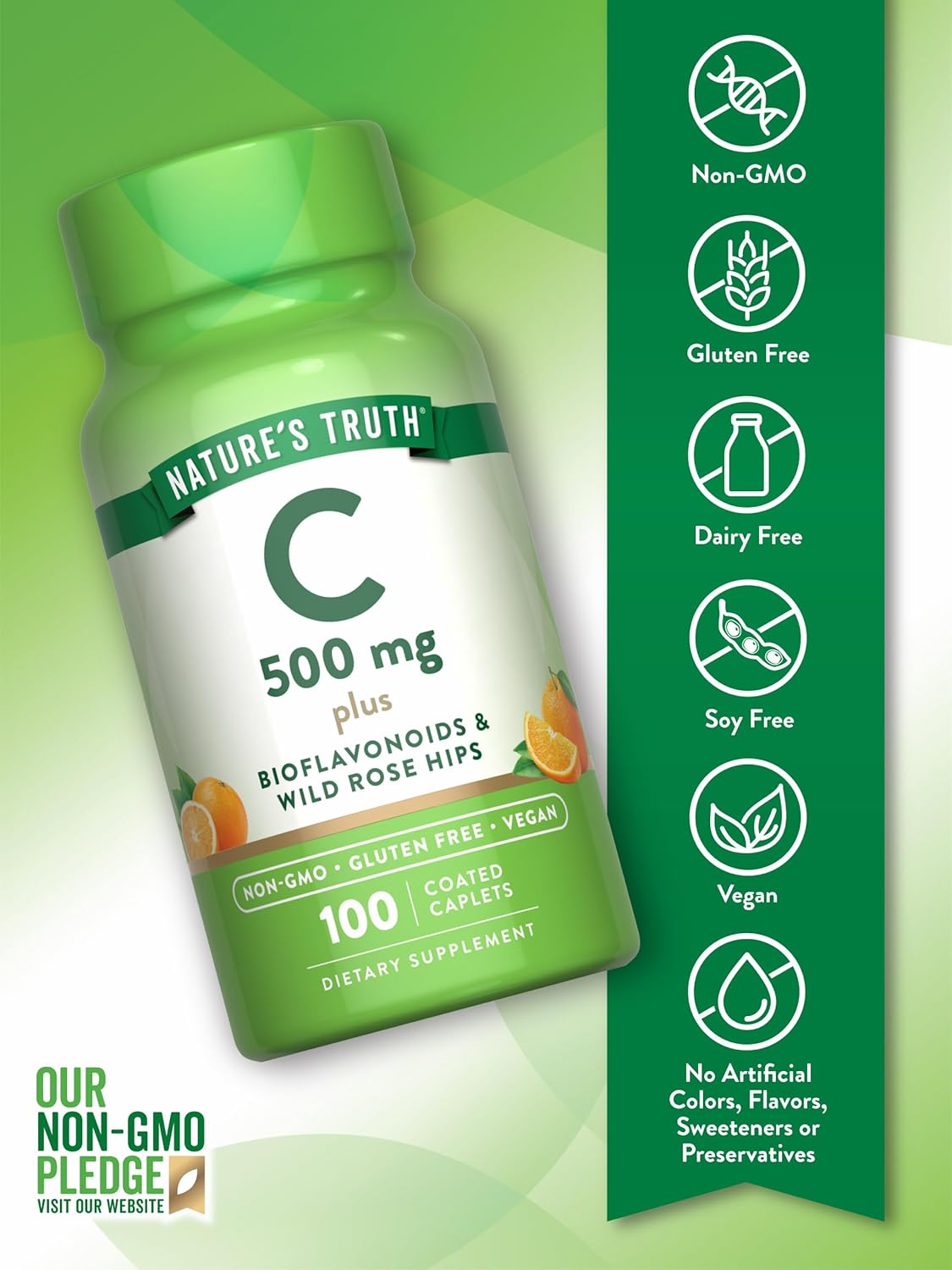 Vegan Vitamin C with Rose Hips & Bioflavonoids Caplets - 500mg, 100 Count | Non-GMO & Gluten-Free